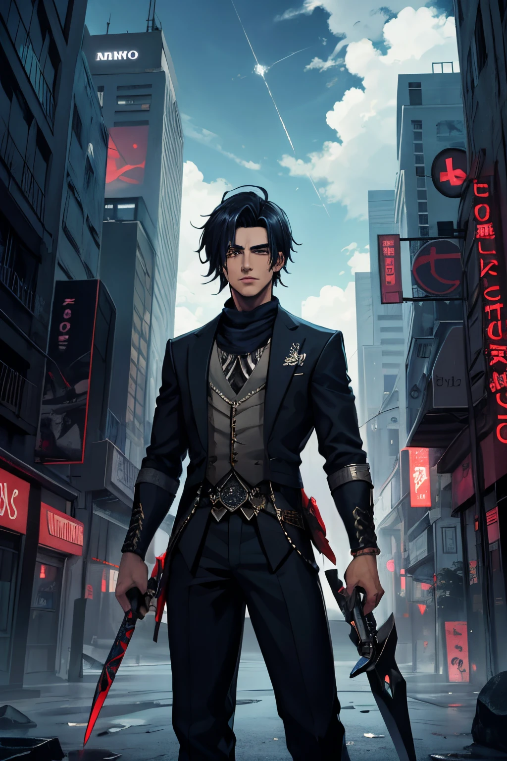 "(absurdos, highres, ultra detallado), obra maestra, mejor calidad, luz y sombra reales, solo, A boy with black hair, trajes blancos sin mangas, guapo, ojo fino, cara detallada, ojo detallado, bufanda negra, dos espadas, espadas duales, una espada rodeada de llama azul, tatuaje, desde abajo, mira hacia abajo, ciudad en ruinas, fondo oscuro, remolino, chispa, disparo de vaquero, BREAK, ojos azules, BREAK, GlowingRunes_paleblue espada,