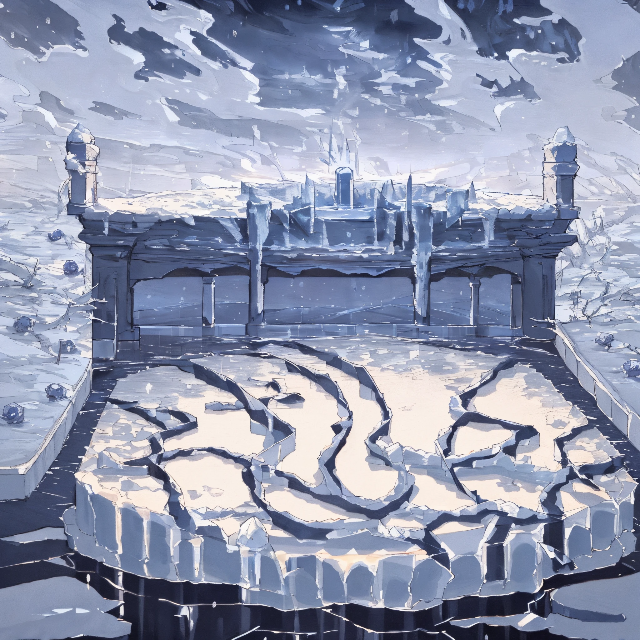 1girl, black hair, floor-length hair, blue eyes, black medium dress, medium flowing sleeves, white lace ends of the dress, blue ribbon on the collar
Near a large fountain, blue and white roses, thorny bushes, blue-purple sunset, (atmosphere:1.80), (detailed:1.90), (cold tones:2.0)