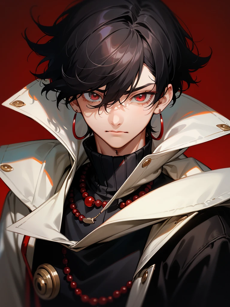 1 , scruffy black hair with hints of red, bangs, red eyes, perfect eyes, highly detailed eyes, dark background, long earrings, loose jacket high collar, muscles, looking at viewer, no hands, highly detailed, necklace, single tear streak, facing front, cold and distant
