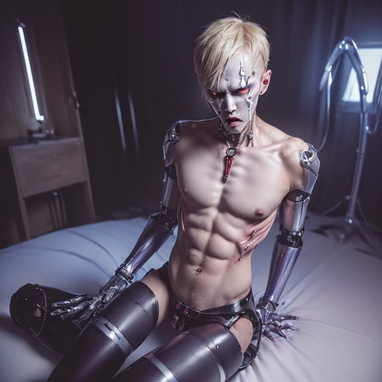 (8k, RAW photo, best quality, homoerotic, looking at viewer, face, eyes:1.5), (1boy, agony, groin pain, scared, castration, slender androgynous male, queer, depraved sissy villain, perverted cyborg:1.65)