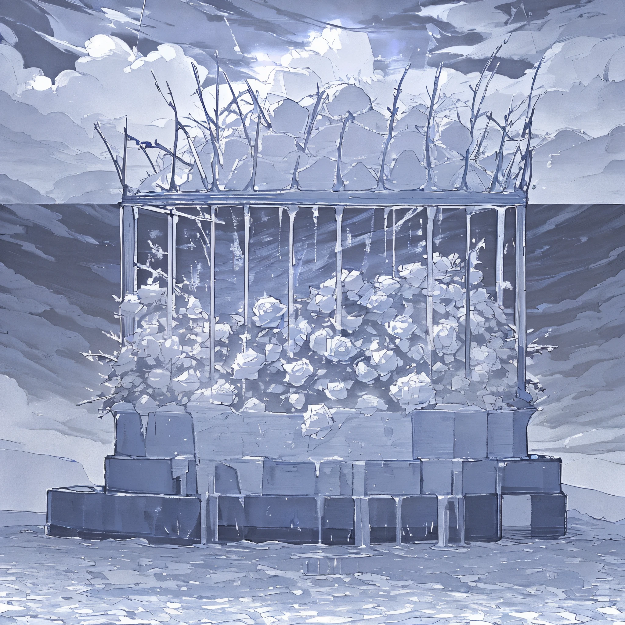 1girl, black hair, floor-length hair, blue eyes, black medium dress, medium flowing sleeves, white lace ends of the dress, blue ribbon on the collar
Near a large fountain, blue and white roses, thorny bushes, blue-purple sunset, (atmosphere:1.80), (detailed:1.90), (cold tones:2.0)