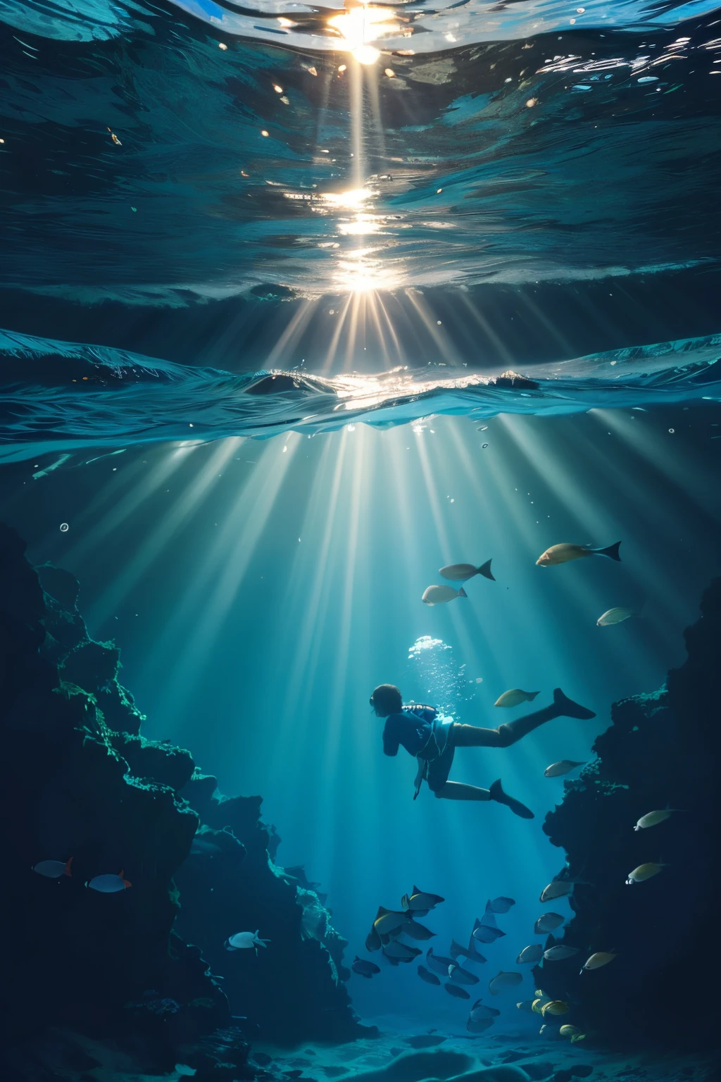 Good quality, masterpiece, wallpaper, 8k, ultra detailed, mysterious, Under ocean, inside ocean, down view, sunlight coming through water, lots of fish, various fishes, deepness, deep water, a boy diving through the water with fish's around, the boy is 19 years old, the boy is a bit far away into the ocean, back view, lots of fish's around the boy