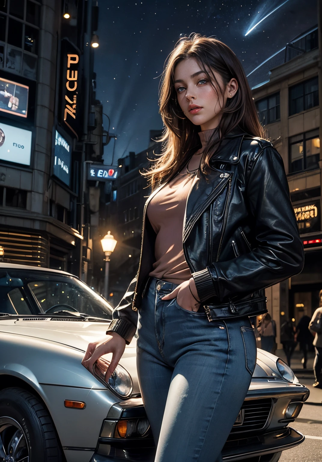 A beautiful woman stands in front of a silver car-shaped time machine. Early twenties. Dark brown hair. Blue jeans on the jacket. Beautiful double eyes. The bridge of my nose. Well-shaped lips. Serious look. The location is a city at night. A wormhole appears in the sky.