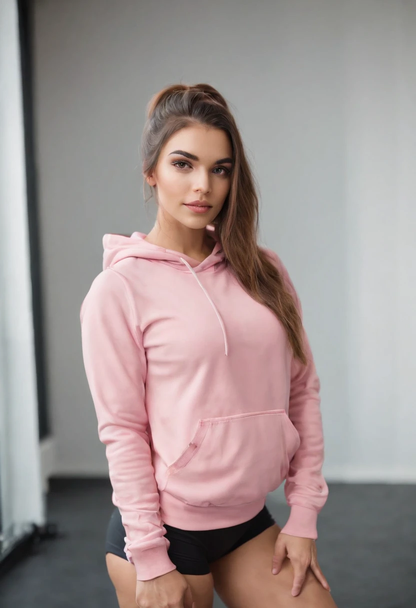 A beautiful woman with a big elastic butt, Posing for the camera in PINK NIKE hoodie and tight sports shorts.,muy detallado, hermoso cuerpo y cara, se parece al original, Pelo rojo, en un gimnasio