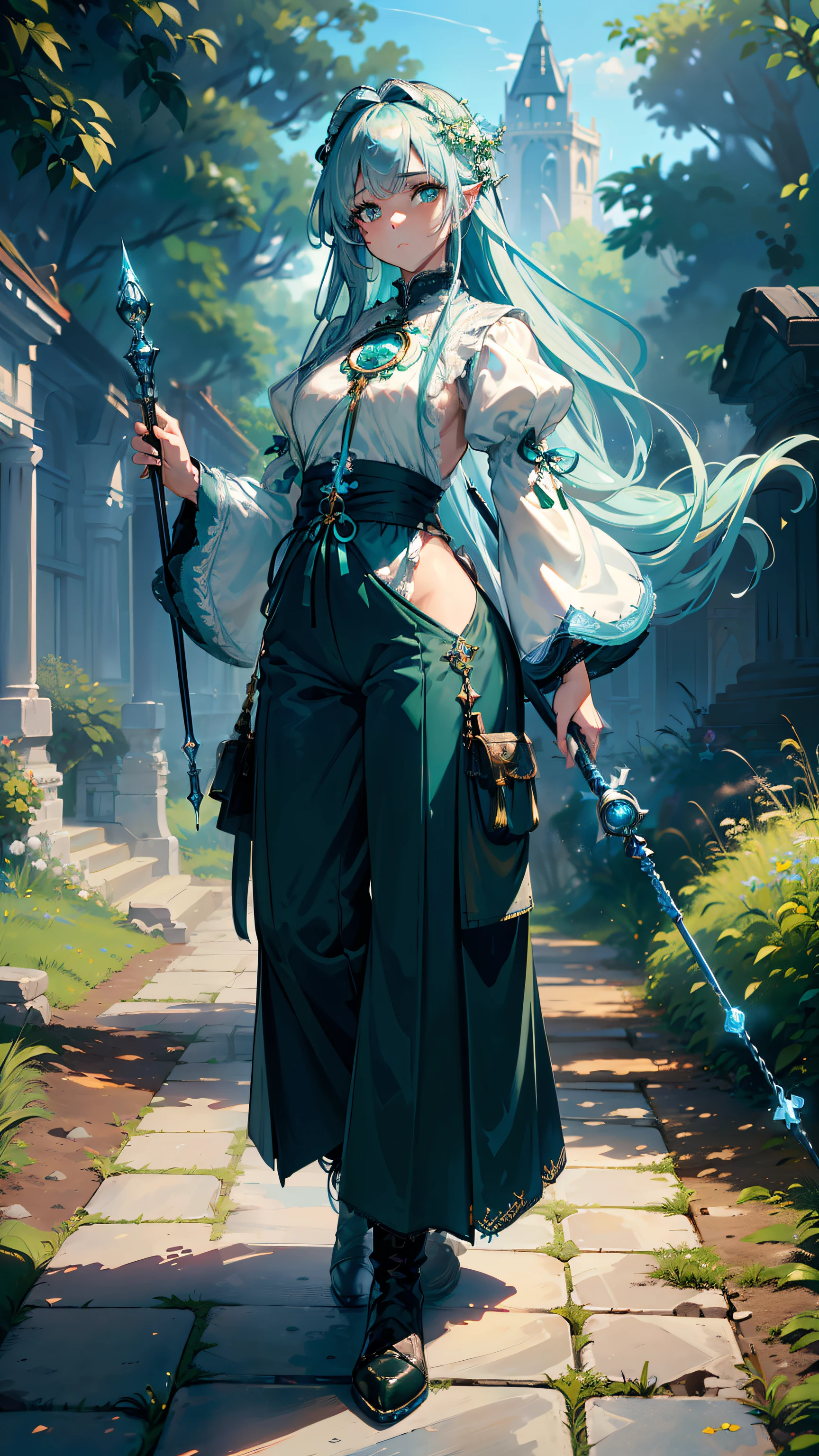 masterpiece, ultra detailed, 8k portrait, RAW photo, portrait photography, Highly detailed face, beautiful and meticulous eyes, ((Fantasy)), Young beautiful, (((Female priest))), (((((standing dynamic pose))))), (light blue long thin hair)), ahoge, (((asymmetrical bangs))), Gentle face, White skin, (((green and blue puffy sleeve lace shrine maiden outfit))) Fluttering in the wind, (((lowleg wide pants))), Leather boots, ((((equip a magic wand)))), Midday Sun, Hyper realistic, Body model, Small breasts, Beautiful breasts, Long legs, in the medieval adventurer's guild, Ambient lighting, Shadow details, Camera focus on face, strong breeze, Light fog