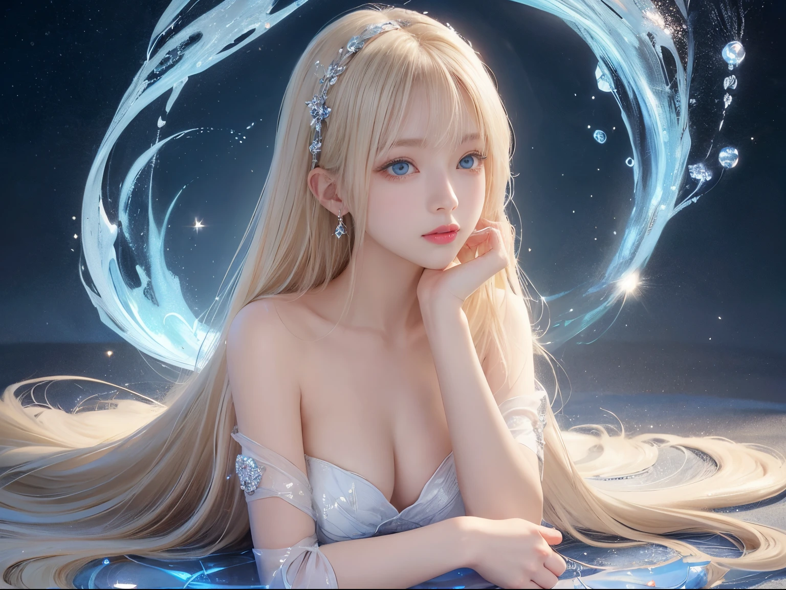 Close-up of a woman in a white dress under the water，wallpaper anime blue water，Guviz-style artwork，closeup fantasy with water magic，composed，Guviz，a beautiful artwork illustration，Water Nympheautiful digital artworkeautiful digital illustration，Li Song，In the art style of Beauvot，a beautiful anime portrait