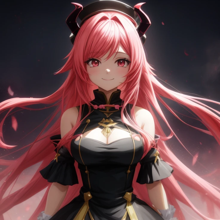 anime, a girl with pink hair and a black dress is smiling,  anime demon, [[[[sorrindo malvado]]]], gato anime bonito, trending on artstation pixiv, visuais de anime, 8K Artgerm Bokeh, de arknights, rosto rosa brilhante, Arte Digital Anime detalhada, Arte Digital Anime, arte detalhada do personagem de anime