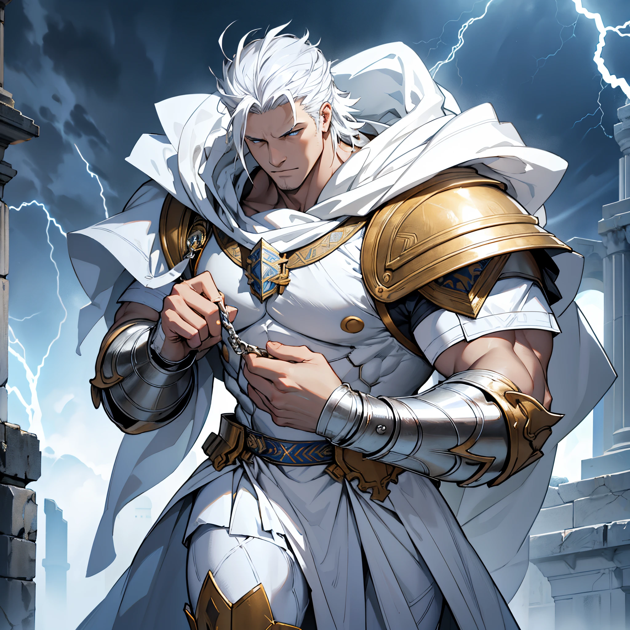 ​masterpiece, 4k, Large elderly knight in white metal armor, zeus style, White Cloak, white neat hair,imperial royal family, salama, thunderstorm, thunderbolts, Background with: Temple of Zeus struck by lightning