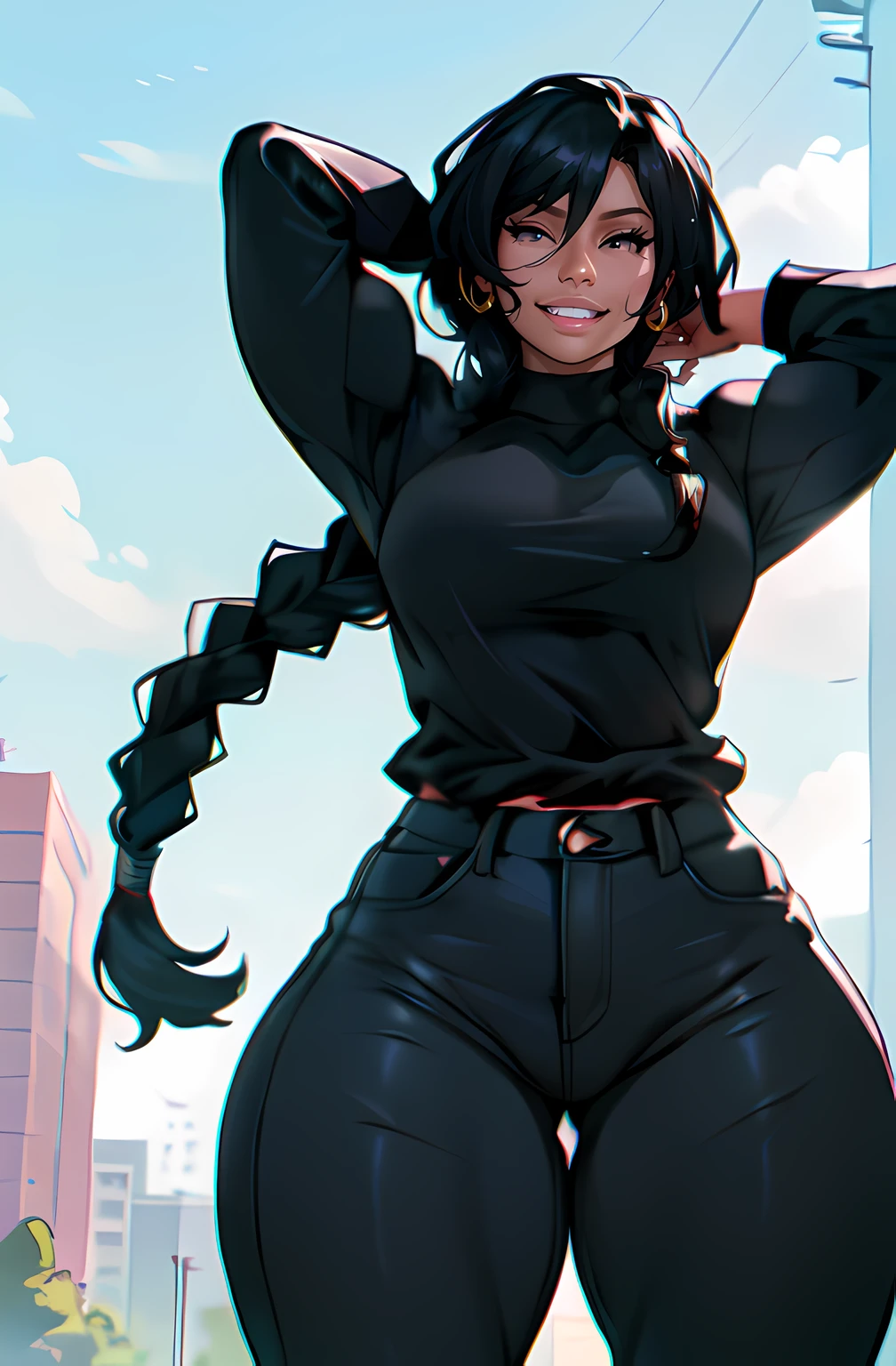 girl ((((muscular 1girl)))) ((((thick thighs toned body)))) (dark skin) black hair hazrl eyes very long hair long sleeve tight t-shirt tight pants (side braid)