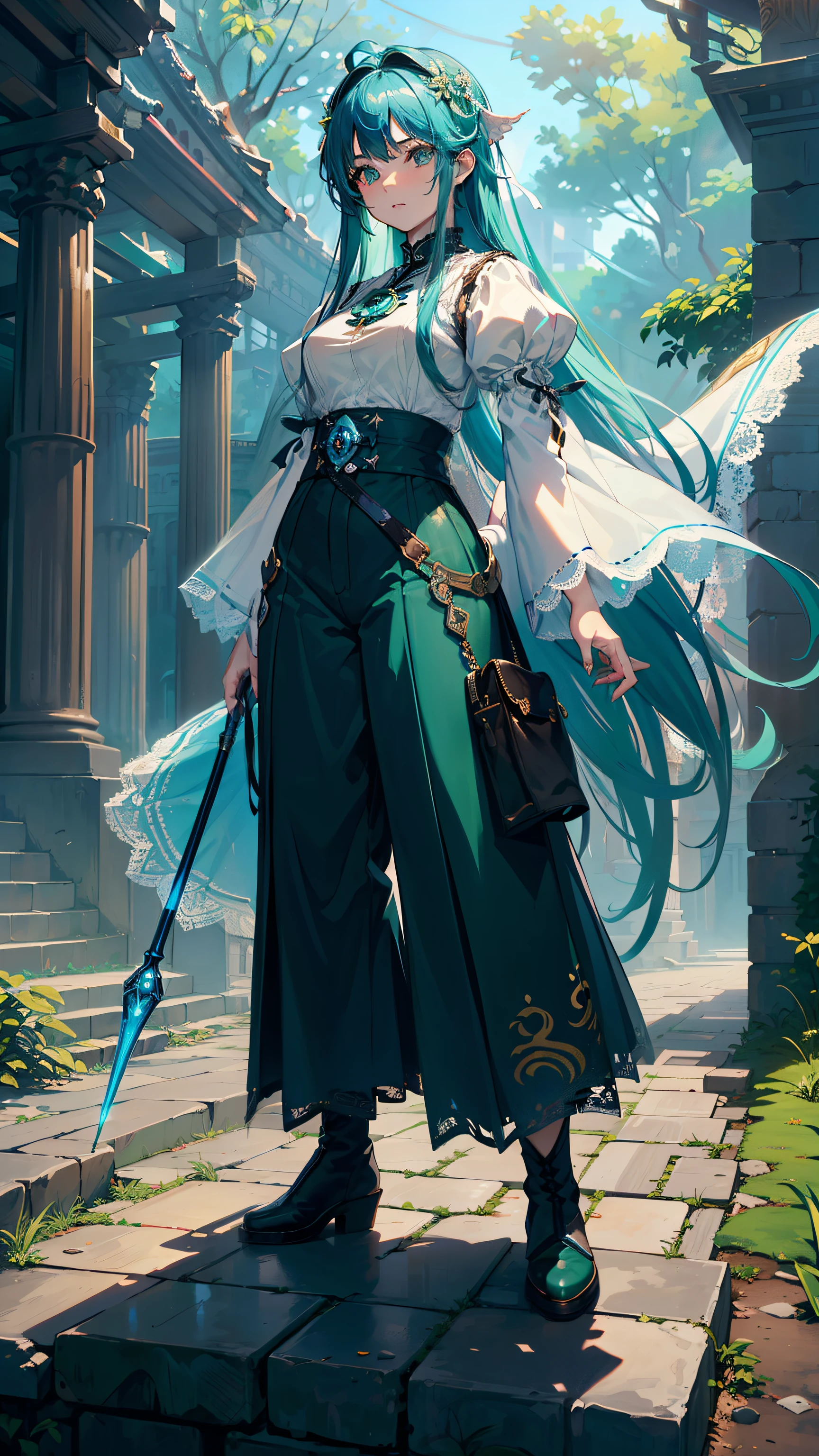 masterpiece, ultra detailed, 8k portrait, RAW photo, portrait photography, Highly detailed face, beautiful and meticulous eyes, ((Fantasy)), Young beautiful, (((Female priest))), (((((standing dynamic pose))))), (light blue long thin hair)), ahoge, (((asymmetrical bangs))), Gentle face, White skin, (((green and blue puffy sleeve lace shrine maiden outfit))) Fluttering in the wind, (((lowleg wide pants))), Leather boots, ((((equip a magic wand)))), Midday Sun, Hyper realistic, Body model, Small breasts, Beautiful breasts, Long legs, in the medieval adventurer's guild, Ambient lighting, Shadow details, Camera focus on face, strong breeze, Light fog