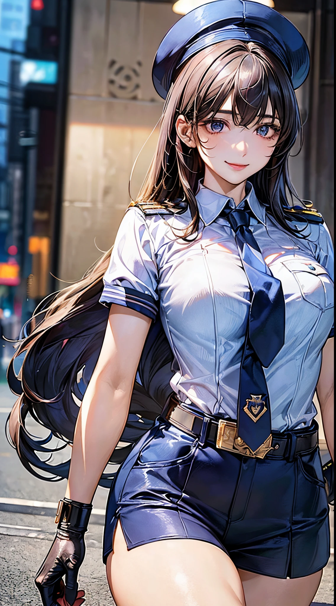 (((perfect anatomy, super detailed skin))), 1 girl, japanese, police girl, shiny skin, large breasts:0.5, looking away, looking up, watching the view,
beautiful hair, beautiful face, beautiful detailed eyes, (long hair:1.5, straight hair:1.7), blown hair, bangs, hair between eye,
beautiful clavicle, beautiful body, beautiful chest, beautiful thighs, beautiful legs, face, mole under eye,
((policewoman uniform, light blue short sleeved shirt, navy necktie, high waisted miniskirt), belt, white gloves, police hat, handcuffs), seductive thighs, gatling gun,
((handgun shooting)), standing, walking, runing, smile,
(beautiful scenery), summer, , police station,
8k, top-quality, masterpiece:1.2, extremely detailed), (realistic, photorealistic:1.2), beautiful illustration, cinematic lighting,