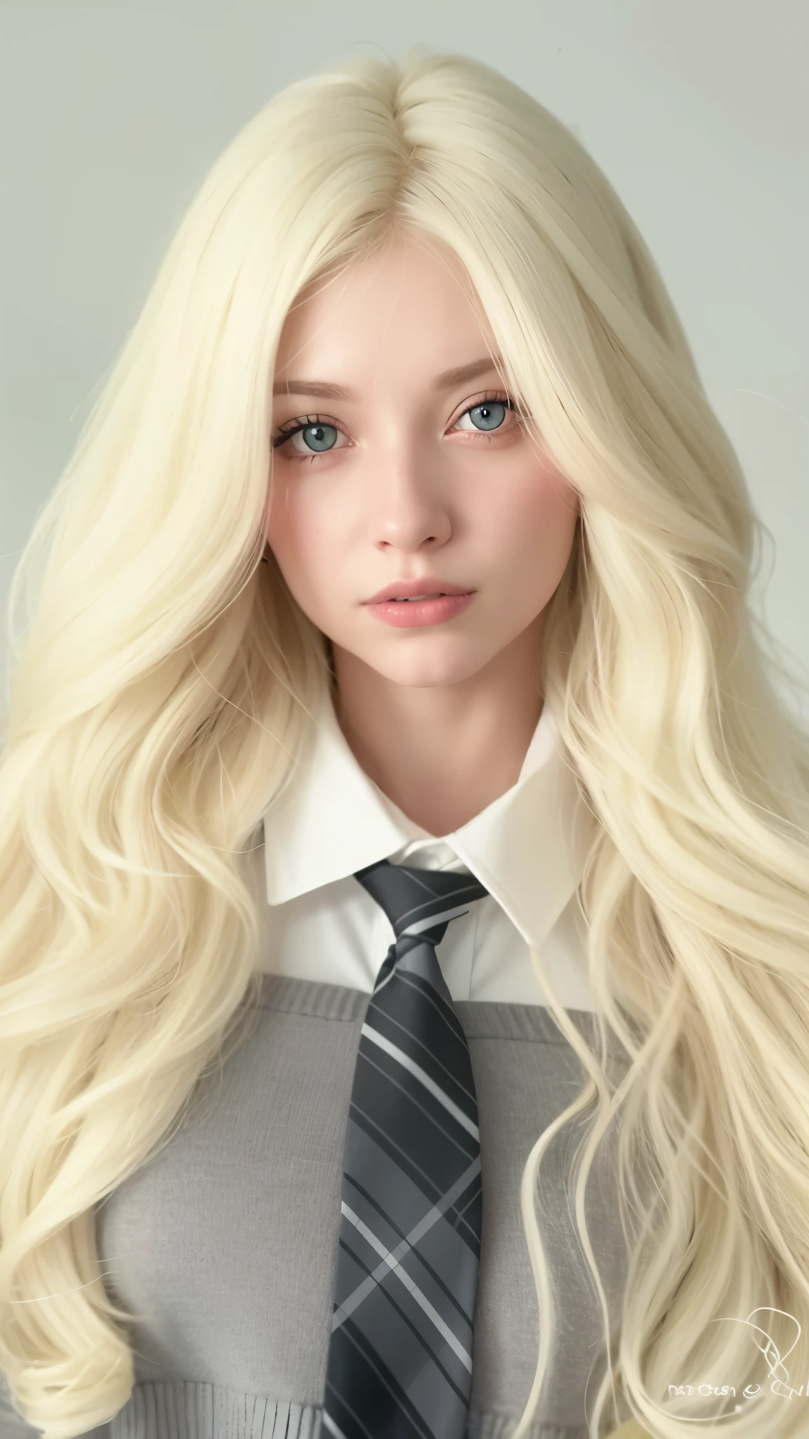 loira com cabelos longos, wearing a tie and sweater, uma aluna hiperrealista, pale skin curly blond hair, aluna hiperrealista, her hair is white, very very pale blond hair, meninaita de cabelos brancos, albino white pale skin, extremely pale blond hair, pale porcelain white skin, very very pale white skin, pale fair skin!!, ivory pale skin, ultra realistic graphic