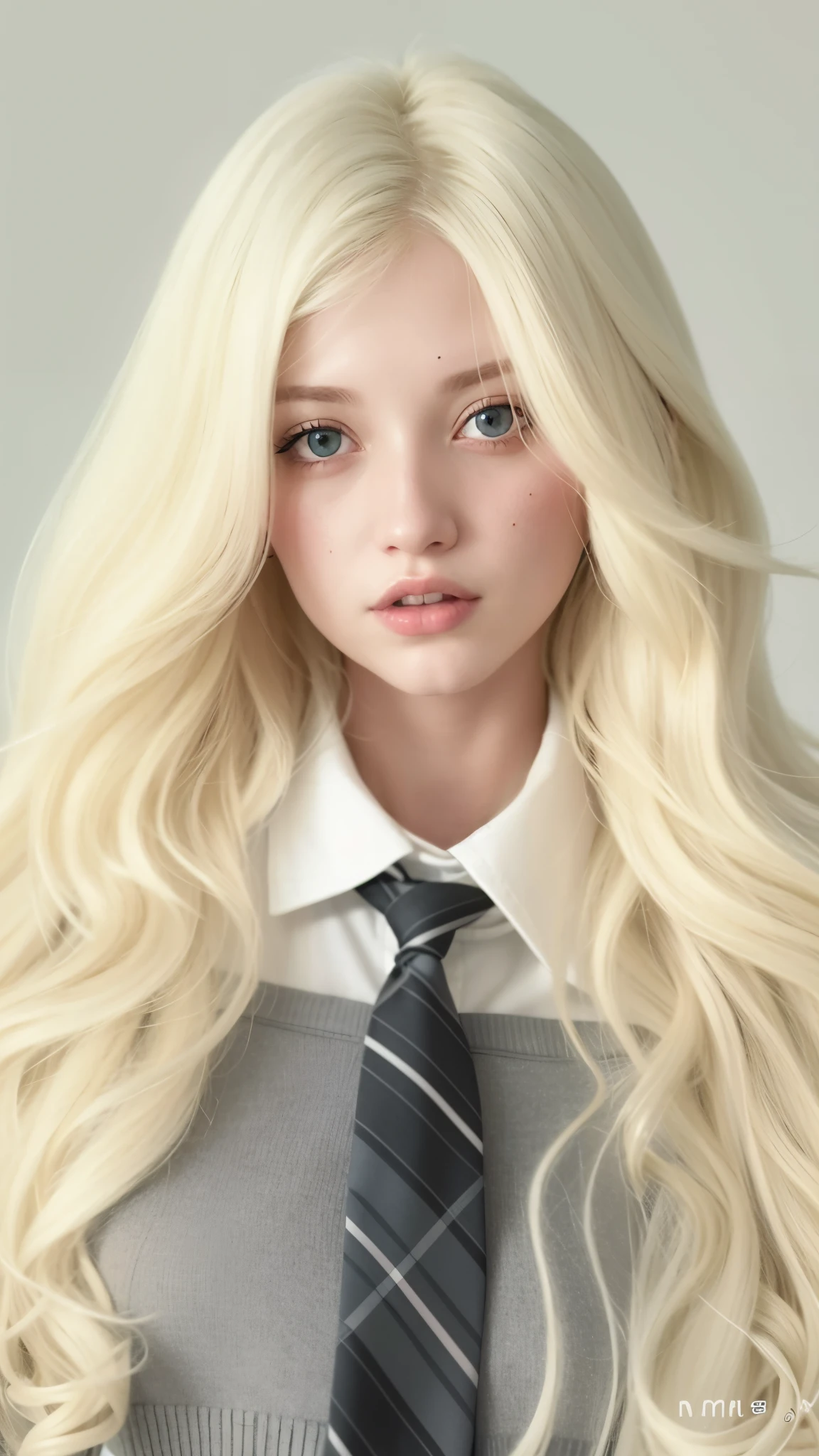 loira com cabelos longos, wearing a tie and sweater, uma aluna hiperrealista, pale skin curly blond hair, aluna hiperrealista, her hair is white, very very pale blond hair, meninaita de cabelos brancos, albino white pale skin, extremely pale blond hair, pale porcelain white skin, very very pale white skin, pale fair skin!!, ivory pale skin, ultra realistic graphic