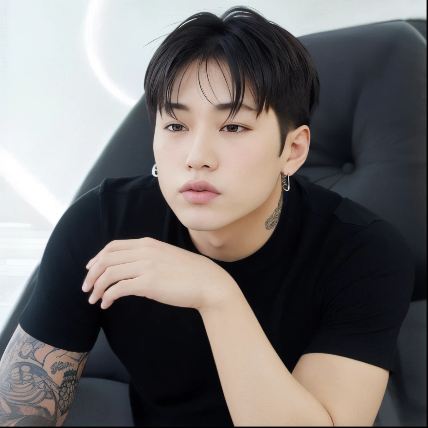 Araafed Asian man with tattoos sitting on a chair with a laptop, Jungkook, Hyung Tae, Hong June Hyung, Cai Xukun, TaeJune Kim, Marcos Lee, Yanjun Chengt, Hyung Tae Kim, Jinyoung Canela, jia, Kim Jung segura, Shin Jeongho, Artista coreano, Sakimimichan, Kim Doyoung, Sakimichan