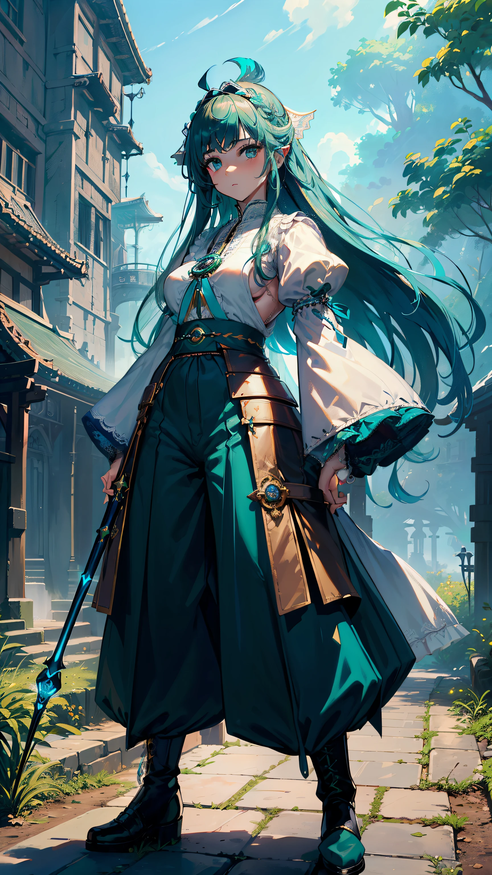 masterpiece, ultra detailed, 8k portrait, RAW photo, portrait photography, Highly detailed face, beautiful and meticulous eyes, ((Fantasy)), Young beautiful, (((Female priest))), (((((standing dynamic pose))))), (light blue long thin hair)), ahoge, (((asymmetrical bangs))), Gentle face, White skin, (((green and blue puffy sleeve lace shrine maiden outfit))) Fluttering in the wind, (((lowleg wide pants))), Leather boots, ((((equip a magic wand)))), Midday Sun, Hyper realistic, Body model, Small breasts, Beautiful breasts, Long legs, in the medieval adventurer's guild, Ambient lighting, Shadow details, Camera focus on face, strong breeze, Light fog