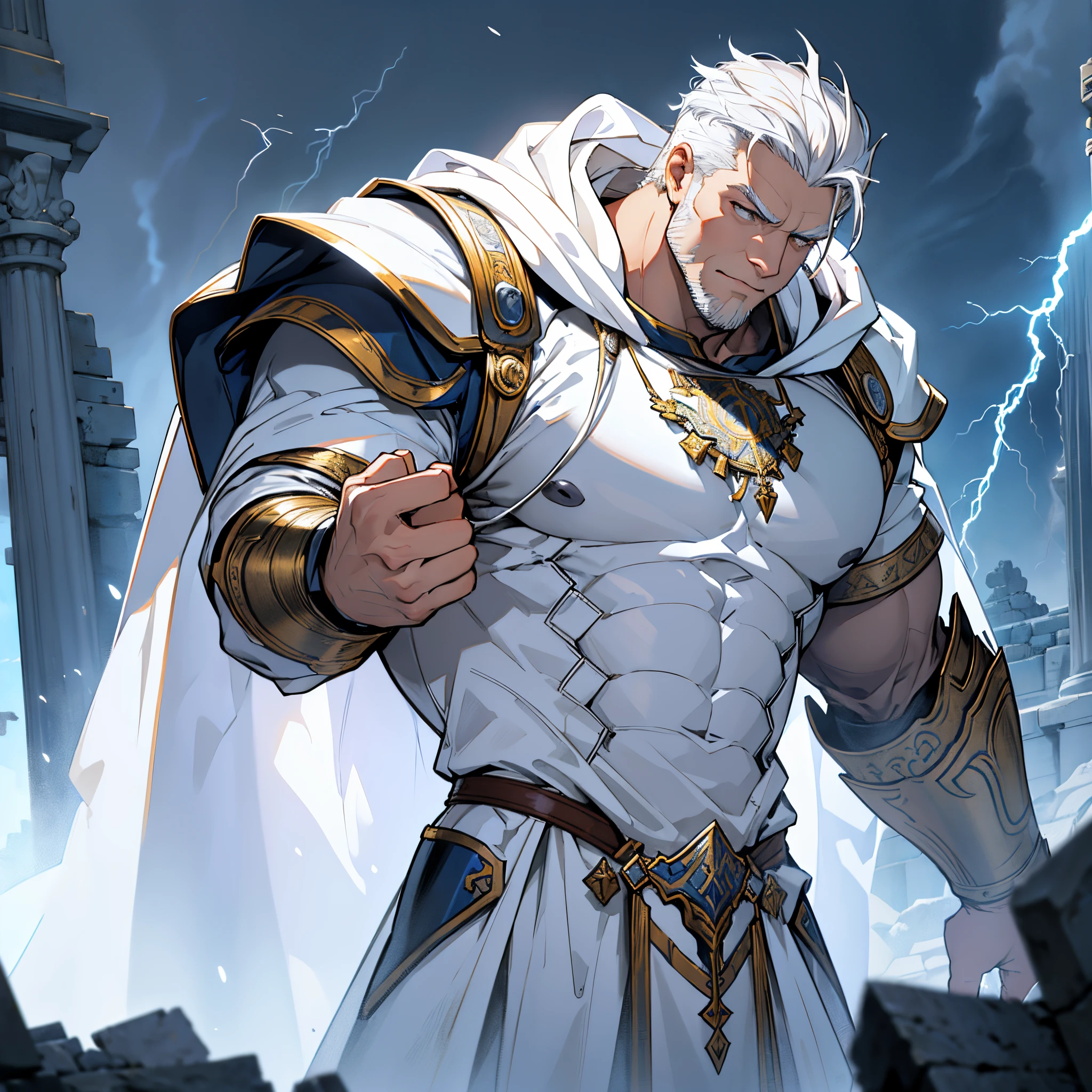 ​masterpiece, 4k, Large elderly knight in white metal armor, zeus style, White Cloak, white neat hair,imperial royal family, salama, thunderstorm, thunderbolts, Background with: Temple of Zeus struck by lightning