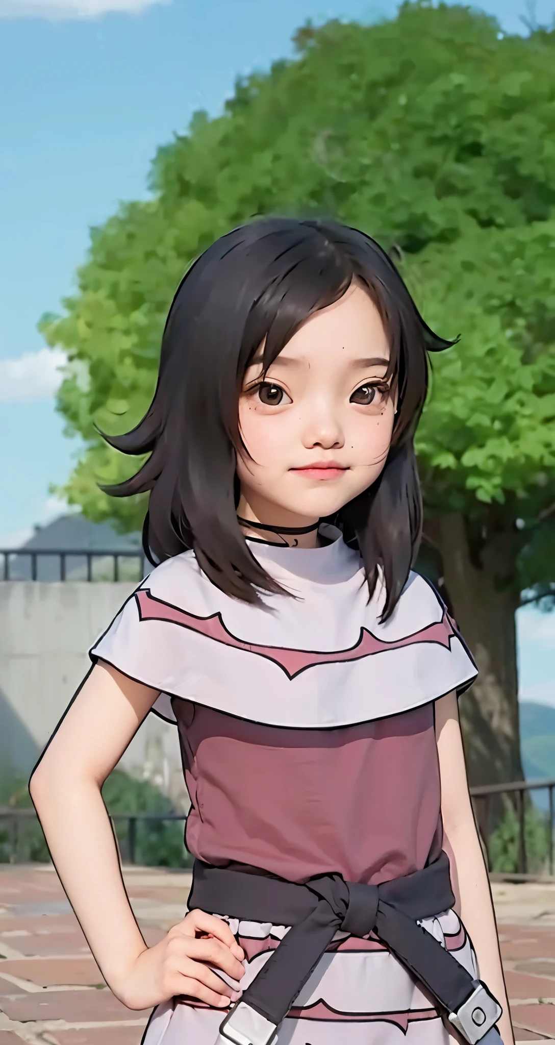 Real life adaption of this character , The cute face of a  girl, realistic same hair , (realistic same outfit), realistic background , realistic light, realistic shadow, realism, hyper realistic,(photorealistic:1.2), normal small eyes,