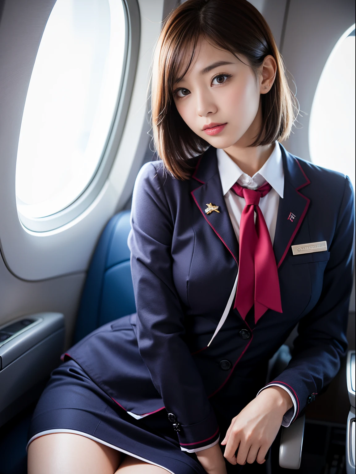 (highest quality,masterpiece:1.3,ultra high resolution),(Super detailed,caustics,8k),(photorealistic:1.4,RAW shooting),25 years old,Japanese,cute,stewardess uniform,black short hair,tights,(smile and look down at the camera),(big ),(Are standing),inside the plane,(Low - Angle:1.2),(face focus),(face close up:1.1),Natural light