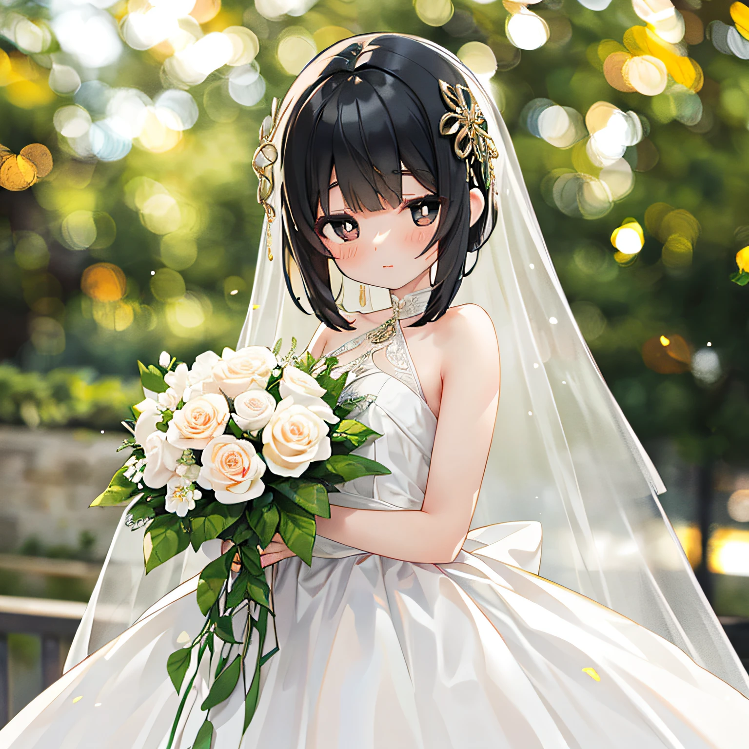 (with a large bouquet:1.8)、masterpiece, best quality, extremely detailed, anime,cross-shaped pupils, (Sweat:0.7),Light Yellow Wedding Dresses,White short skirt,Woman,Exquisiteface, Beautiful face,Bare shoulders,Shoulders slightly exposed,Translucent skin,Black eyes,Black hair,(Photorealistic:1.4),Realistic details, High resolution,Bokeh,excellent details,