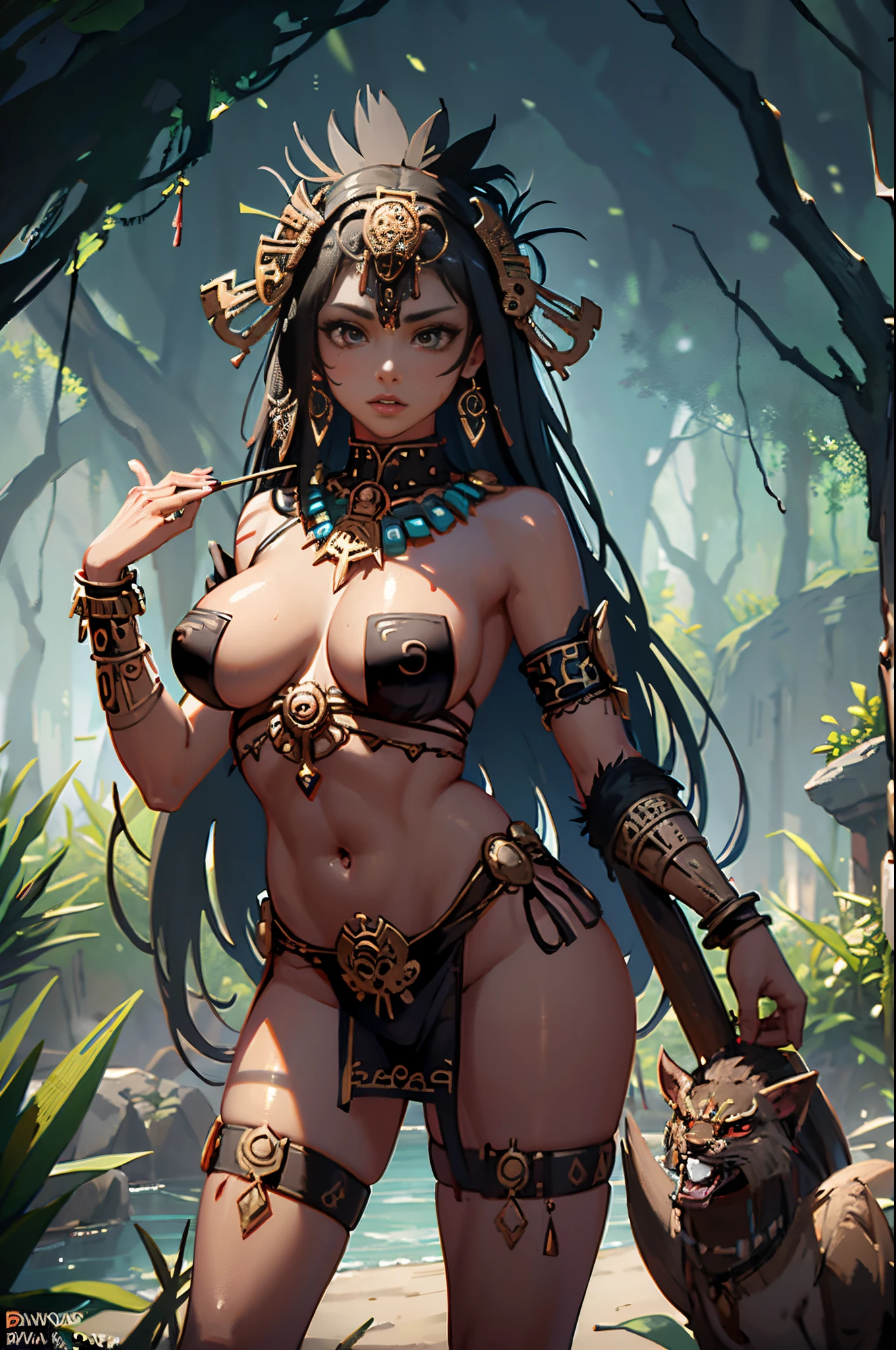 Beautiful Alluring Female aztec, tribal feathers, tribal beads, tribal ornaments, bronze ornaments, Bare oily Skin, Athletic Well Toned Body, cleavage, Barely Clothed, tirbal theme, aztec theme, on top of a jungle aztec shrine, Beautiful D&D Character Portrait, Beautiful Face, Ominous, Dark Fantasy, Fiverr Dnd Character, Octane Render, Digital Art, Extreme Detail, 4k, Ultra Hd, Polished, Beautiful, Hyperdetailed, Intricate, Elaborate, Meticulous, Photorealistic, Sharp Focus, Wlop, Character Design, Unreal Engine, 3d Rendered, Volumetric Lighting, Reflections, Glossy, Digital Illustration, Sensual Pose, Suggestive Pose, Full Body Shot,  naked, visible niples, puffy ,💖❤💕💋❣