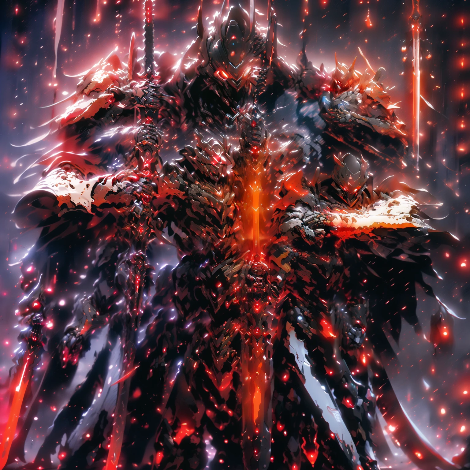 (Best quality, Masterpiece:1.2),Hellfire was destroyed, battlefield settings,(Dark Samurai), (masked knight, Glowing red eyes), Shogun,Wears red and black mechanized armor, (Mechanical details:1.4), (Mechanical details:1.4), violence, Bloodstained cloak, (Best composition), (Best quality), (Masterpiece), Hollowdeath568