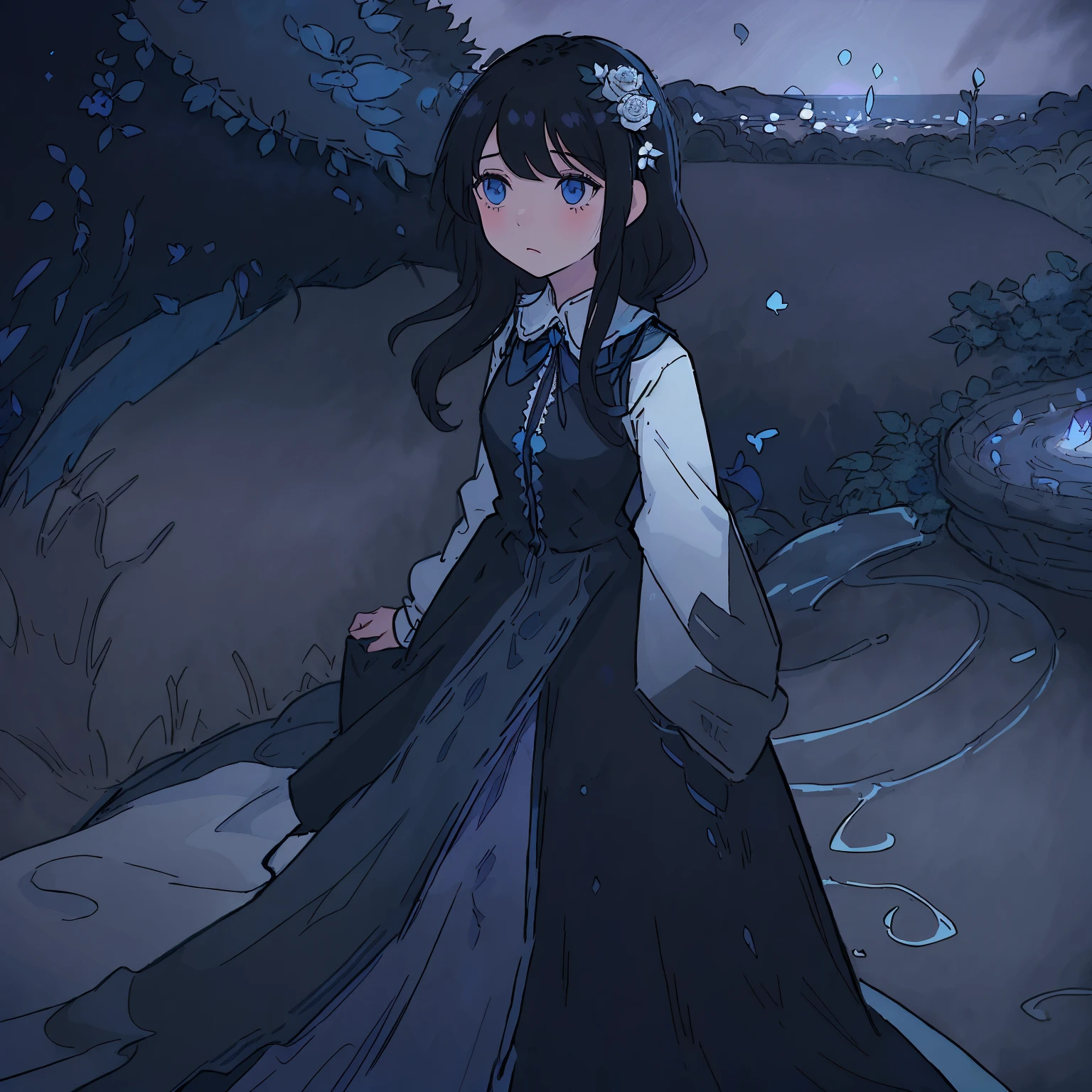 One girl, black hair, floor-length hair, blue eyes, black medium dress, medium flowing sleeves, white lace ends of the dress, blue ribbon on the collar
Near a large fountain, blue and white roses, thorny bushes, blue-purple sunset