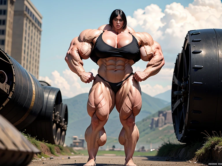 A very big, buff, giant, female bodybuilder, muscle goddess, with black hair, huge arms and huge legs, big boobs, flexing her enormous, giant muscles, big beautiful eyes, naked giant boobs, stood in front of a military tank, in a ruined city, naked, photorealistic