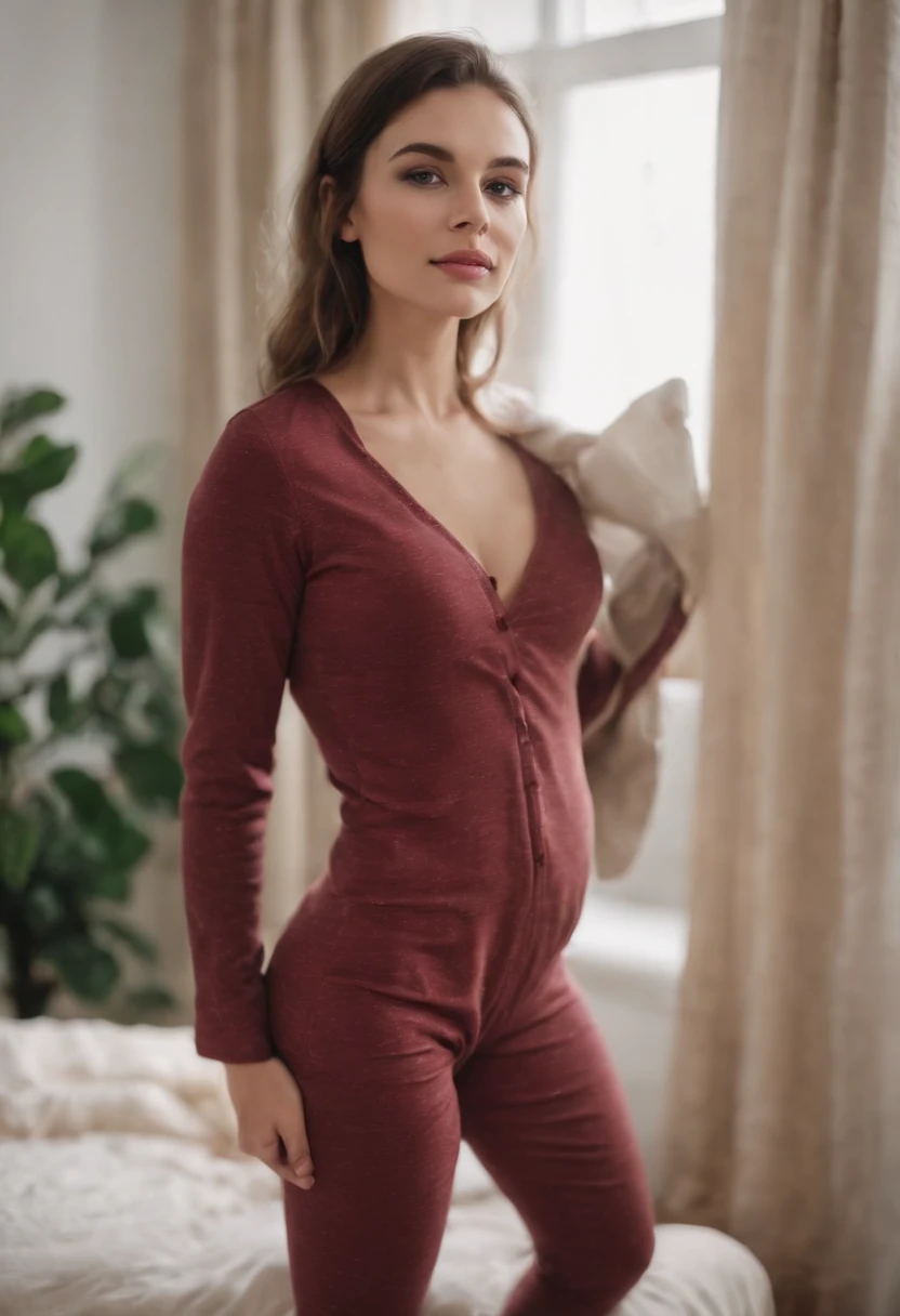 A beautiful woman with a big elastic butt, Posing for the camera with tight pajamas.,muy detallado, hermoso cuerpo y cara, se parece al original, Pelo rojo, RELAJADA EN EL SOFA CON UNA ILUMINACION TENUE