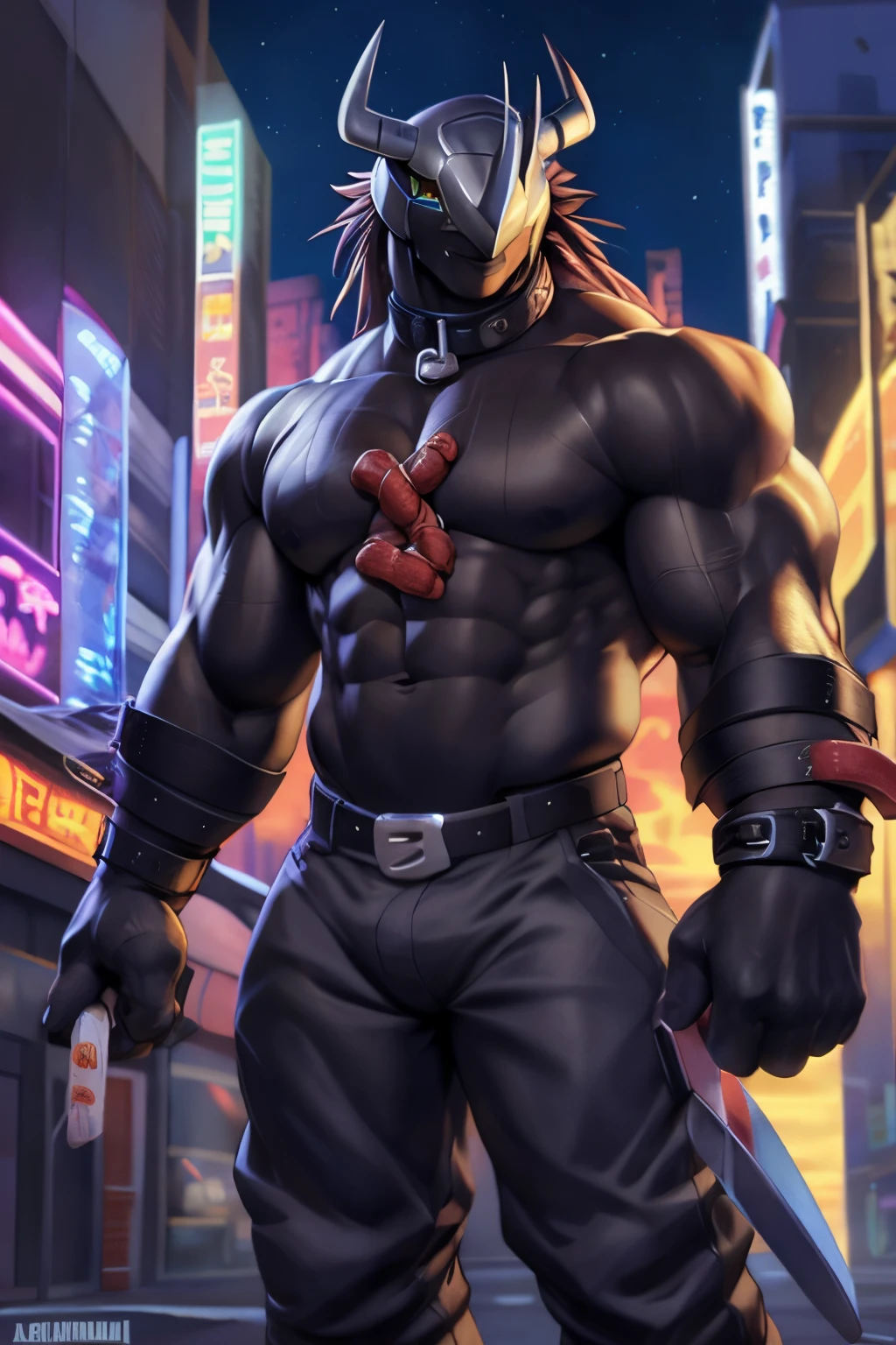 (por null-ghost, por darkgem, por kumak), (Wargreymon), seguro, Marcas, black sclera, ojos amarillos, masculino, solamente, Llevar chaqueta, pants, solamente, muscular, collar, capricho, Camisa negra, Noche, Ciudad, Tokio, calle, Akihabara, Neon lights, detallado anime digital