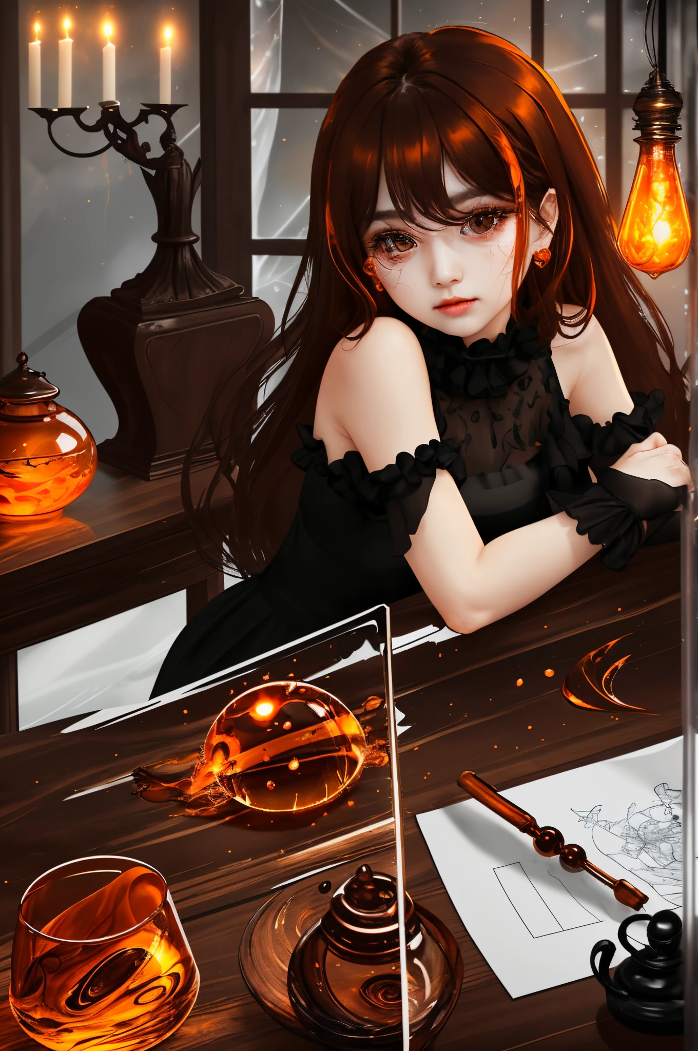 dark brown eyes、powerful explosions、The most beautiful forms of chaos like glasswork、Delicate、girl, Cute、dynamic ungle、Transparency、reddish、azur、an orange,softlight