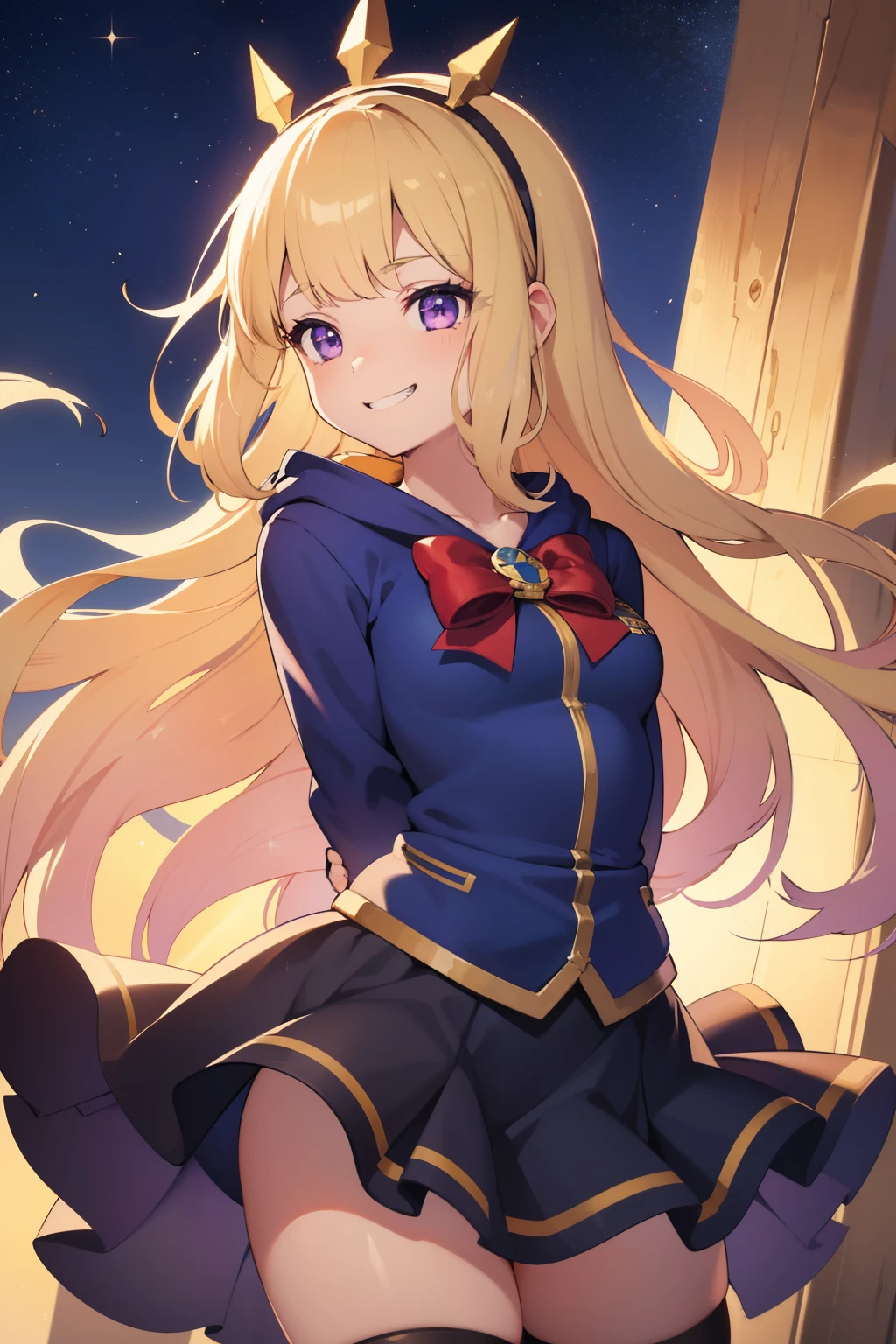 1girl, solo, character illustration, blonde hair, purple eyes, Cagliostro, long hair, alternate clothes, hoodie, long sleeves, hairband, thighhighs, small breasts, smile, grin, evil smile, closed mouth, face focus, arms behind back, upper body, looking away, (leaning forward), playful pose, stars decorations, cute girl, sparkles, white background, transparent background, beautiful illumination, sun rays, trending on pixiv, masterpiece, 8k, best quality