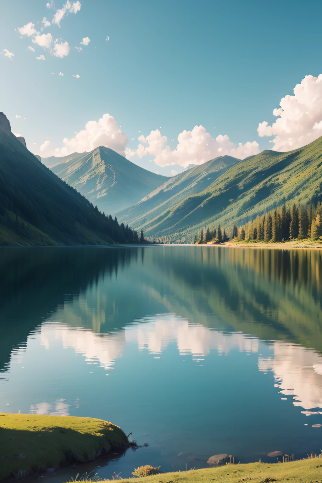 Quiet lake,Green mountains in the distance,Overall simplicity,simplicity