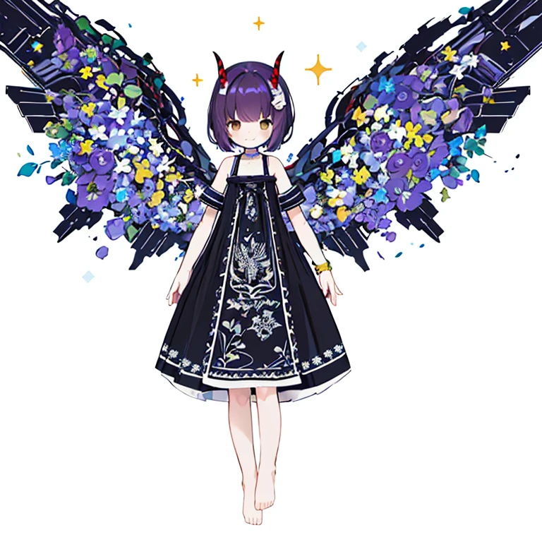 1girl in, Solo, Barefoot, Hair Ornament, Smile, Dress, Horns, White background, Simple background, Brown eyes, hair clips, White Dress, Short hair, blush,, From the side、 Purple hair, Looking at Viewer, Arms up, Standing, Closed mouth, child, Wings, with floral pattern, (Glitter),, jumpping,looking left：1.0、Mecha Beautiful Girl：1.3, In the style of neon, Green and red theme, Colorful graffiti - style, Flat color、mechanic、mechanism、extended、A smile