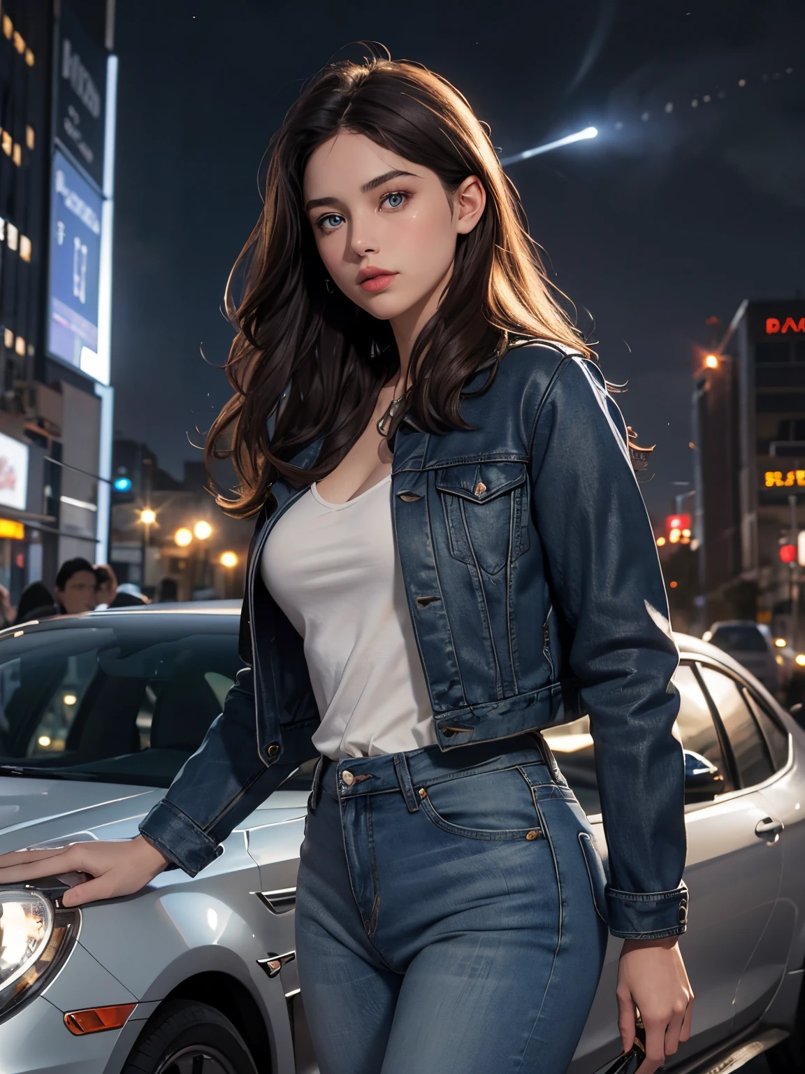 A beautiful woman stands in front of a silver car-shaped time machine. Early twenties. Dark brown hair. Blue jeans on the jacket. Beautiful double eyes. The bridge of my nose. Well-shaped lips. Serious look. The location is a city at night. A wormhole appears in the sky.