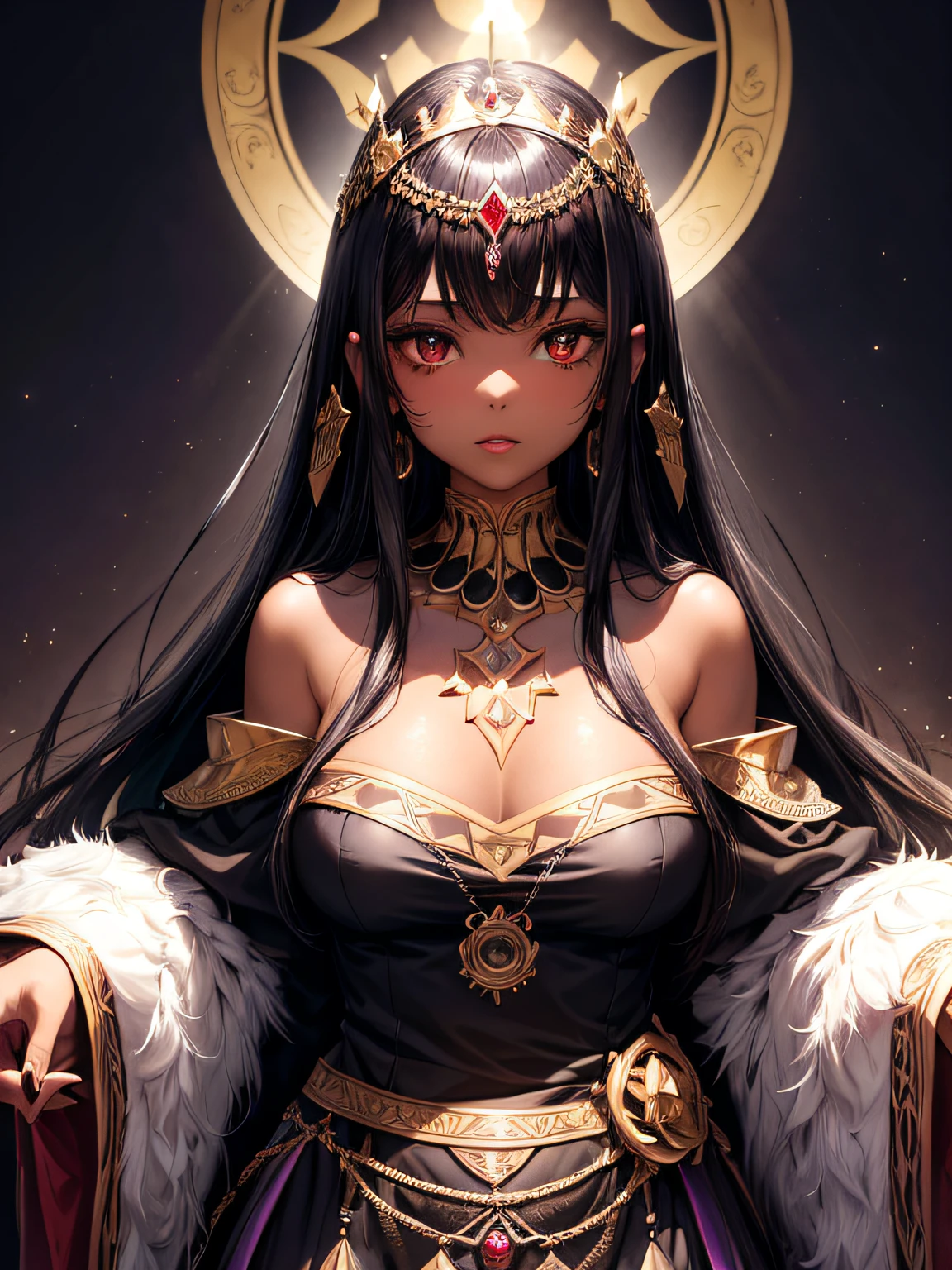 1girl, long black hair with a fringe, brown eyes, wearing purple and black dress, wearing gold crown with red gems, Light brown skin, dark skin, white background, absurdres, high res, ultrasharp, 8K, masterpiece, looking at viewer