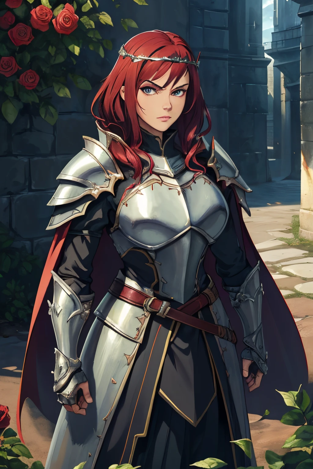 Original Character, Fantasy Concept Art, Volumetric Lighting, Best Shadows, Shallow Depth of Field, Portrait Of Noble Knight Man, Dignified, Delicate Tactical Heavy Armor, Opaque Visor, Face Armor, Pauldrons, Tasset Belt, Gauntlet, Poleyn, High Quality Armor Texture, Broad Shoulders, Extremely Tall. Sword Scabbard, Standing Tall, Crossed Arms, Looking At Viewer, Glaring Sunlight, Rose Garden, Rose Thornbush, (Highest Quality, Amazing Details:1.25), (Solo:1.3), Brilliant Colorful Paintings