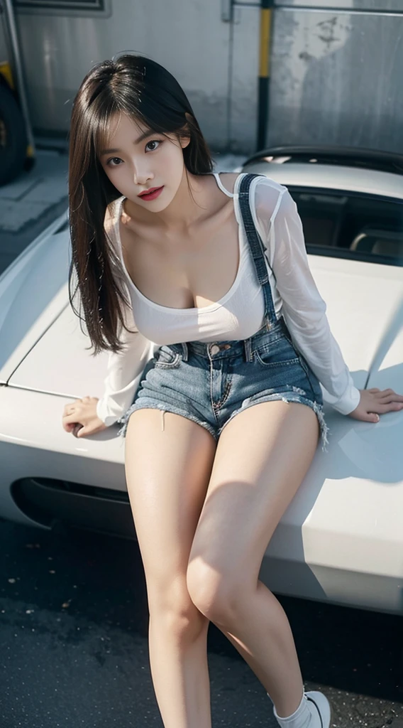 Asian women,Wearing black stockings,White suspenders,Wear yours with denim shorts。Raised sexy,Charming,First perspective,with fair skin,breasts looming,The viewer's perspective is from above