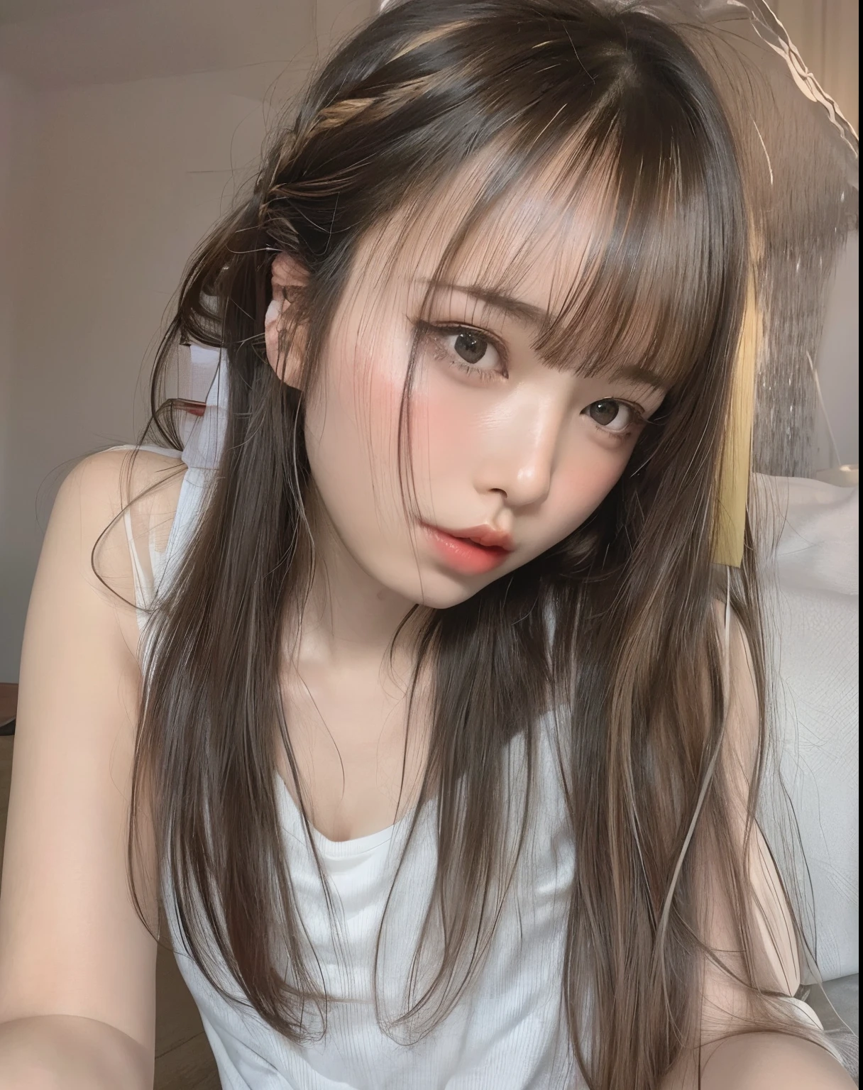 arafed asian woman with long hair and white tank top, with bangs, the hime cut, lalisa manobal, chiho, with full bangs, long hair with bangs, fluffy bangs, white hime cut hairstyle, twintails hairstyle, long bangs, curtain bangs, neat hair with bangs, messy bangs, lalisa manoban of blackpink, white bangs