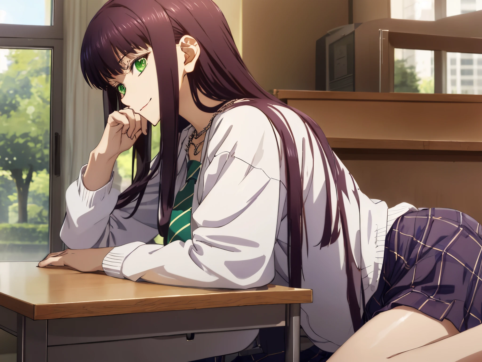 anime girl sitting at a desk with her hand on her chin,Anime scene of a girl sitting at a desk in the classroom,8K UHD, hight resolution,Very detailed CG, High quality shadows, Detail Beautiful delicate face, Detail Beautiful delicate eyes,BREAK(Very detailed 8k wallpaper),(Highly detailed CG 8K wallpaper),Makima (chain saw man),Sukasaha (Fate/grand order),Shimohira Reihua ,Hi-Res,Very delicate and beautiful CG illustration,top-quality,Realistic skin feeling,Realistic fabric,Realistic texture,beautiful thigh,big breasts thin waist,(((masutepiece))), (((Best Quality))),8K,32K,​masterpiece,beautiful alluring anime woman,ultra-definition,ultra-detailliert,hight resolution,a hyperrealistic schoolgirl,masuter piece, Best Quality, High quality, High Definition, high quality texture, high quality shadow, high detailing,finely detail,1girl in,High school students,Solo,Soio,Only one person,Alone,One Person,tall,AS-Adult,Mature atmosphere,Leg length,neat and long legs,8 Head Body,stature:171cm,Mature girls,Reddish-purple hair,Reddish-purple hair,Purple hair,cassis colored hair,silky and smooth hair,Colorful hair,Straight hair,Smile,Smiling happily,lively expression,Cute smile,Cool Beauty,Beautuful Women,Neat face, Beautiful realism,Seductive look,Bewitching look,serene expressions,beautiful hairl,She wears a necklace around her neck,Necklace,bead necklace,magatama accessories,A slight smil,Colorful eyes,green colored eyes,Jade-colored eyes,beautidful eyes,Bright eye,Delicat eyes,Eyes Like Gems,Jade Eyes,Hanging eyes,(Green eyes:1.5),Seductive face,((White collared shirt)),Button shirt,neck tie,Red tie,校服,High school students,School Sweater,Dark grey sweater,plaid skirts,school buildings,by the window,‎Classroom,student desk,School Chairs,Schools,