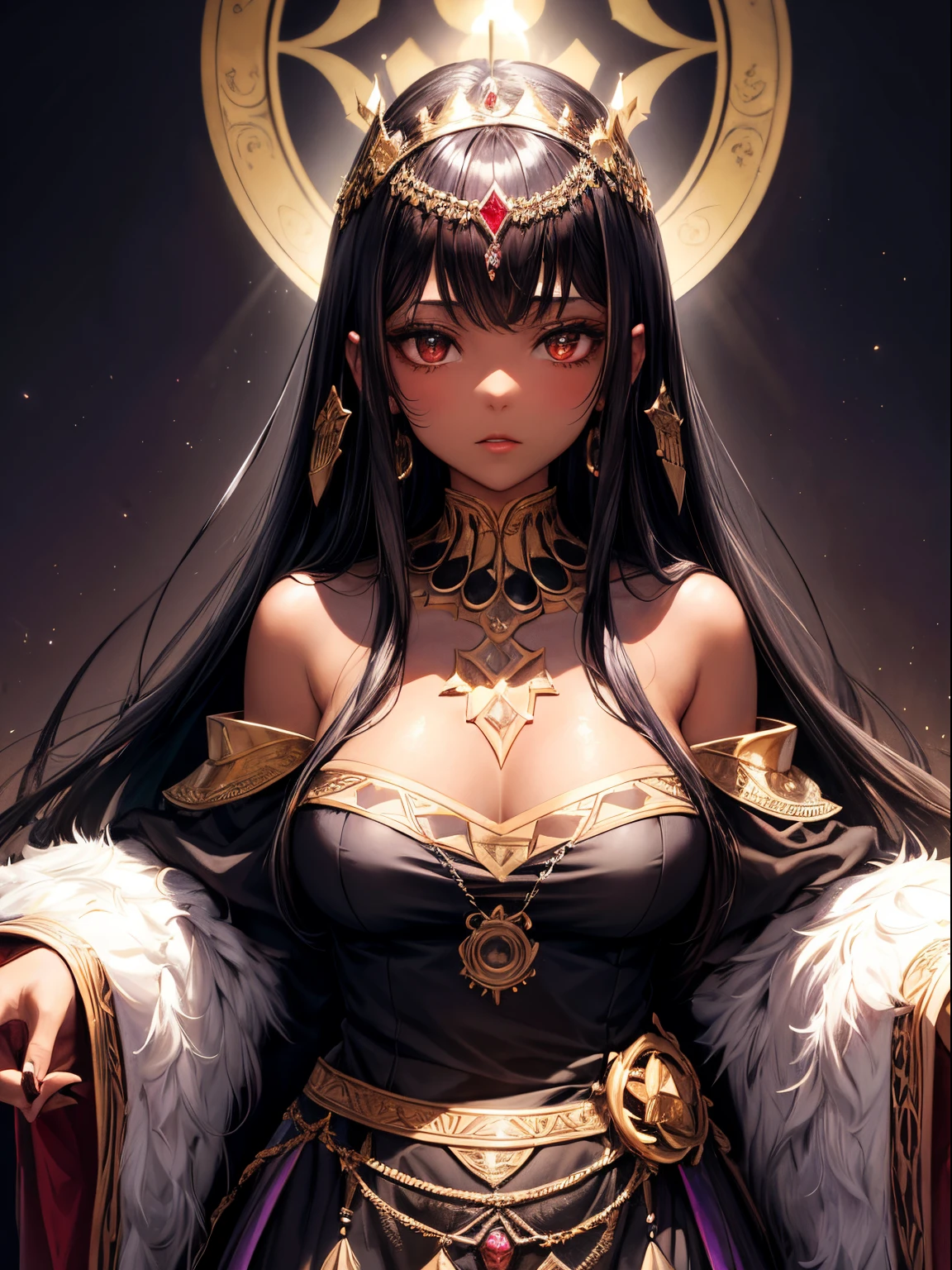 1girl, long black hair with a fringe, brown eyes, wearing purple and black dress, wearing gold crown with red gems, Light brown skin, dark skin, white background, absurdres, high res, ultrasharp, 8K, masterpiece, looking at viewer