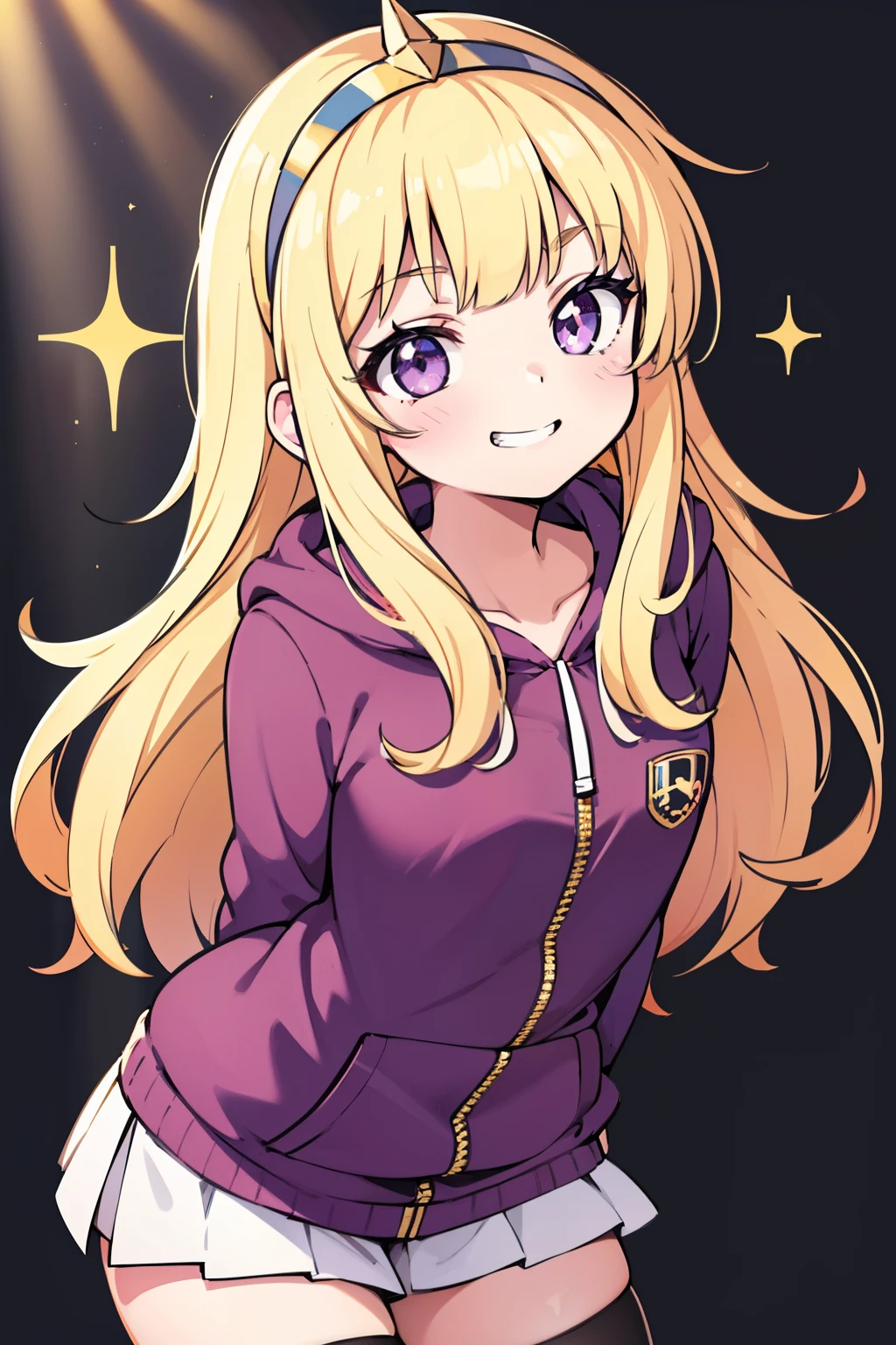 1girl, solo, character illustration, blonde hair, purple eyes, Cagliostro, long hair, alternate clothes, hoodie, long sleeves, casual, hairband, thighhighs, small breasts, smile, grin, evil smile, closed mouth, face focus, arms behind back, upper body, looking away, (leaning forward), playful pose, cute girl, sparkles, white background, transparent background, beautiful illumination, sun rays, trending on pixiv, masterpiece, 8k, best quality