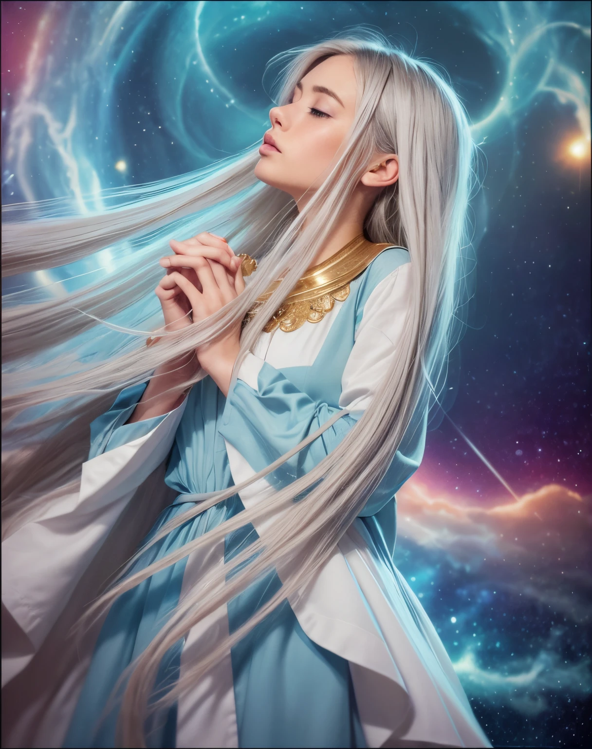 Masterpiece, watercolor: High resolution. Very detailed. realistic. ultra-realistic. Close up of female. Standing. Young woman about 20 years old. 1girl. Slightly side view. Praying. Nordic. Delicate facial features. detailed face. Peaceful face. Head slightly to behind. ((Pretty Big closed eyes)). Big eyes. Very light white skin. ((Pretty long light grey hair)). Straight hair. layered hair (hair parcial cute at shoulders). Bangs. ((medium breasts)). Long Light blue dress. ((Full blue dress)).Golden neckless on dress. Crossed hands in front chest. (((well done crossing hands))) ((well done 10 crossed fingers)). ((prayhands, interlocked fingers, own hands together)). Colorful space background. Cinematic light.