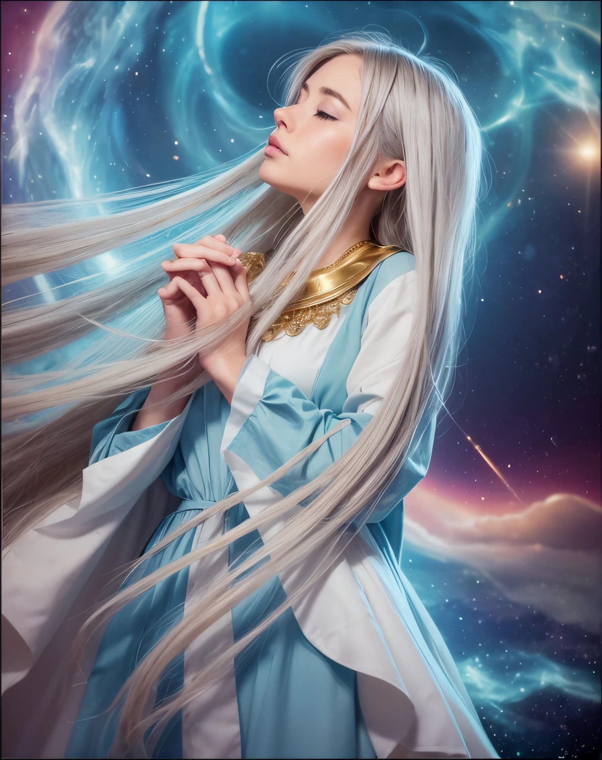 Masterpiece, watercolor: High resolution. Very detailed. realistic. ultra-realistic. Close up of female. Standing. Young woman about 20 years old. 1girl. Slightly side view. Praying. Nordic. Delicate facial features. detailed face. Peaceful face. Head slightly to behind. ((Pretty Big closed eyes)). Big eyes. Very light white skin. ((Pretty long light grey hair)). Straight hair. layered hair (hair parcial cute at shoulders). Bangs. ((medium breasts)). Long Light blue dress. ((Full blue dress)).Golden neckless on dress. Crossed hands in front chest. (((well done crossing hands))) ((well done 10 crossed fingers)). ((prayhands, interlocked fingers, own hands together)). Colorful space background. Cinematic light.