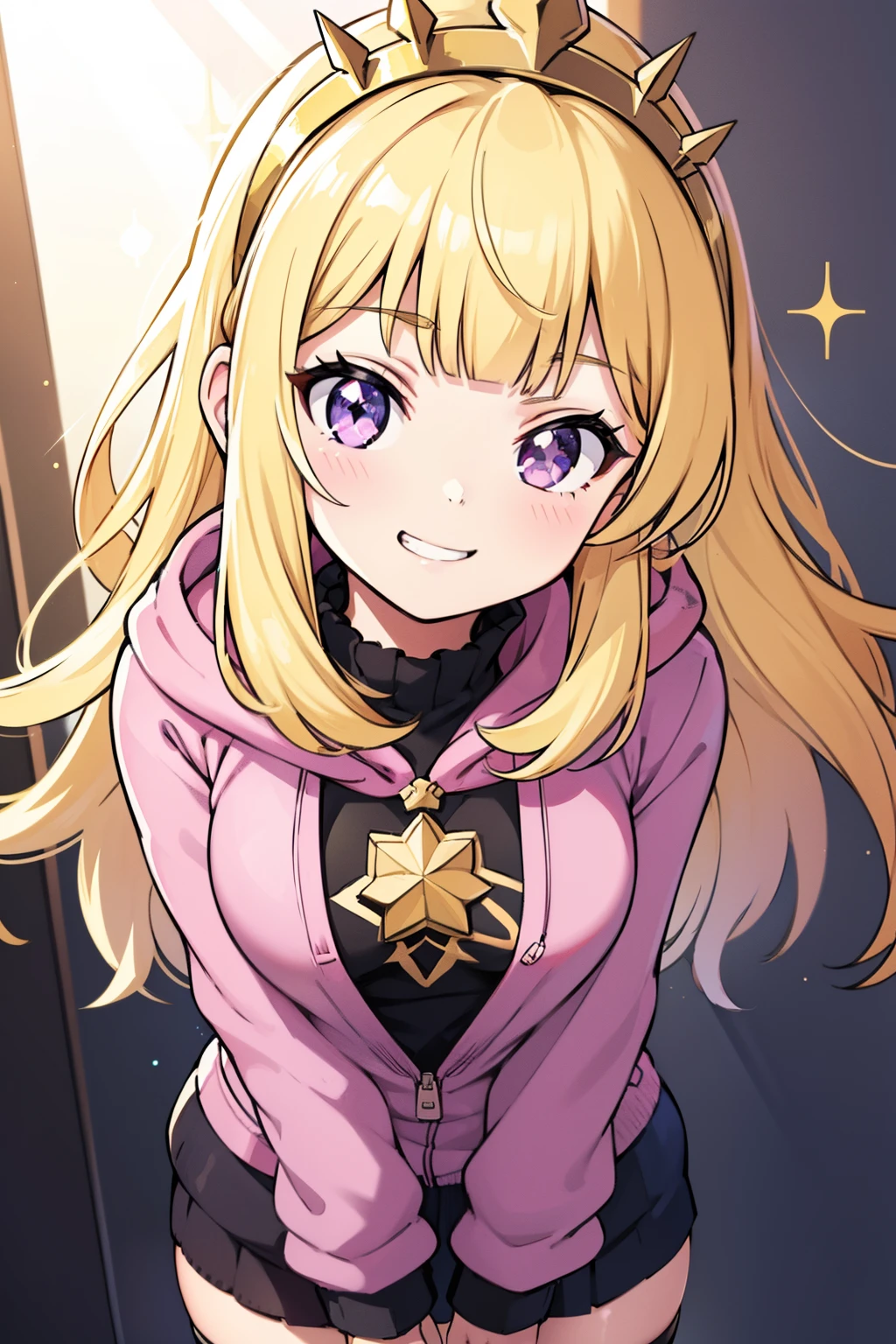 1girl, solo, character illustration, blonde hair, purple eyes, Cagliostro, long hair, alternate clothes, hoodie, long sleeves, casual, hairband, thighhighs, small breasts, smile, grin, evil smile, closed mouth, face focus, arms behind back, upper body, looking away, (leaning forward), playful pose, cute girl, sparkles, white background, transparent background, beautiful illumination, sun rays, trending on pixiv, masterpiece, 8k, best quality