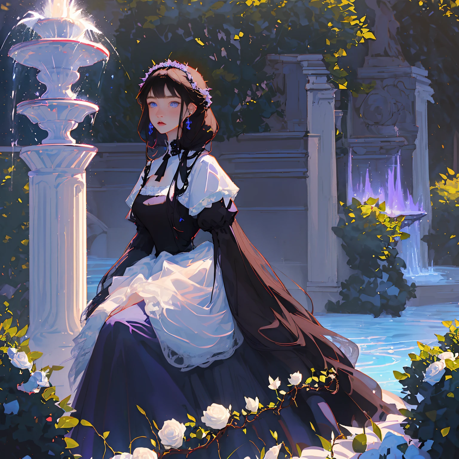 One girl, black hair, floor-length hair, blue eyes, black medium dress, medium flowing sleeves, white lace ends of the dress, blue ribbon on the collar, Near a large fountain, blue and white roses, thorny bushes, blue-purple sunset