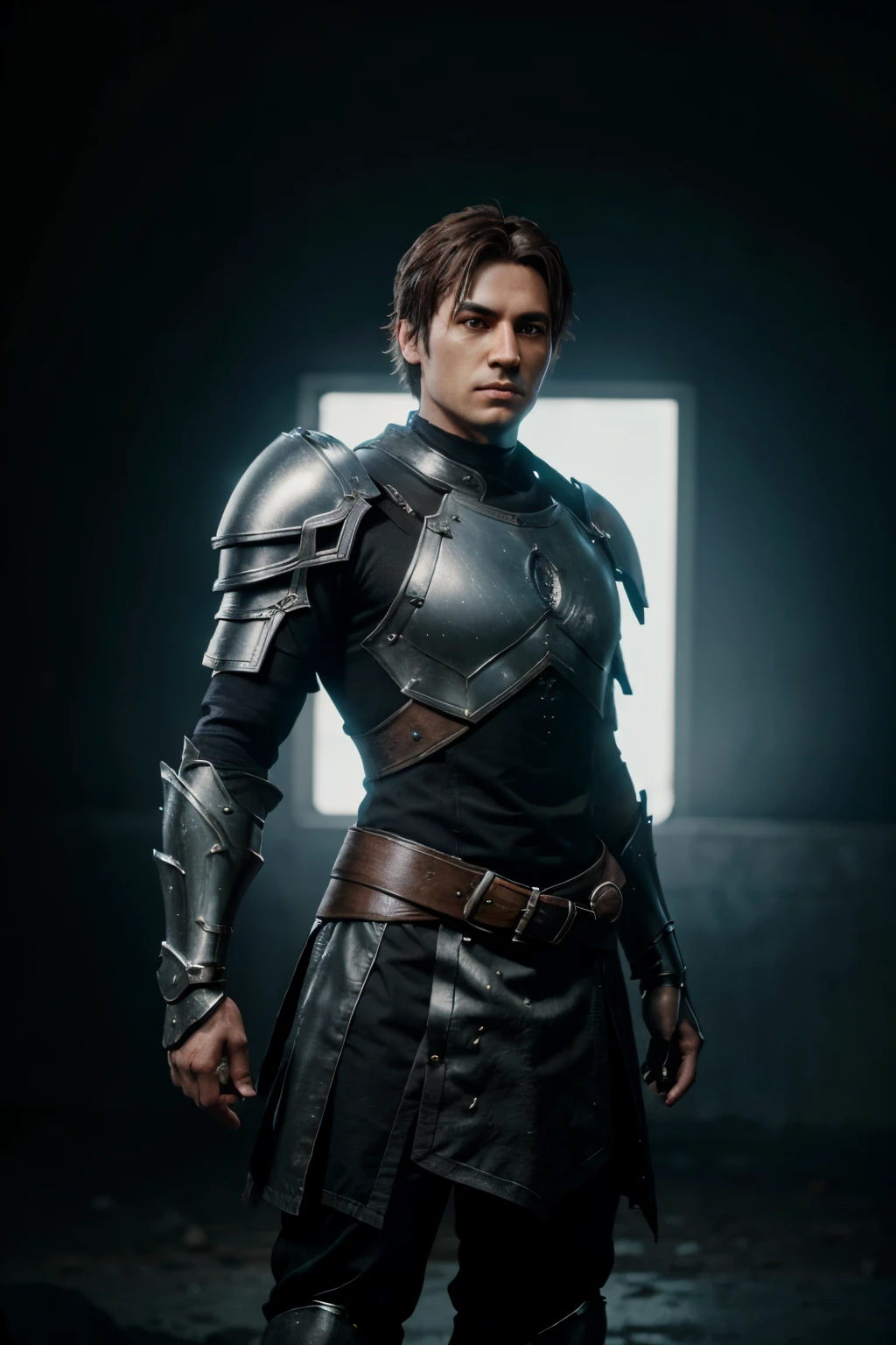 video game screenshot, warrior in armor posing against black background, fantasy armor with glowing emissive armor parts, new world game, dark fantasy, male, concept art, unreal engine 5