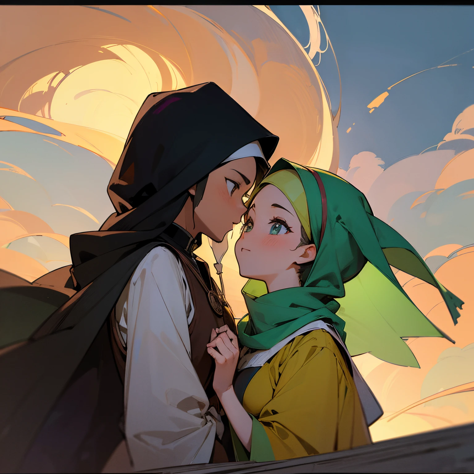 (masterpiece),(best quality:1.0), (ultra highres:1.0), detailed illustration, 8k, anime, medival muslim couple, islam