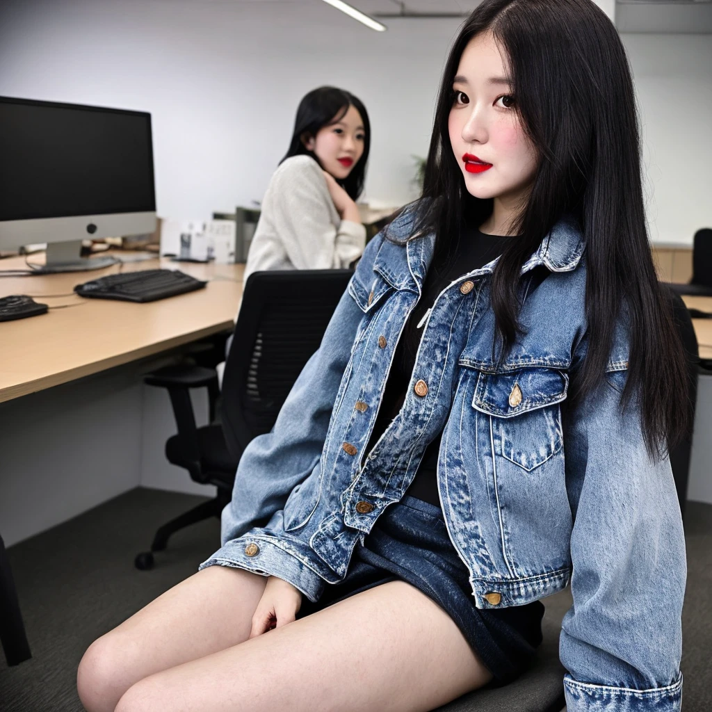 small thai girl, Fair-skinned, 30 years old, One eye., Big nose, plump red lips, Long straight black hair, Wearing pink lingerie., Covered up with a faded jean jacket., Wearing a short black skirt with white polka dots, legs open, showing underwear., sitting in the office, Portrait of a real person,