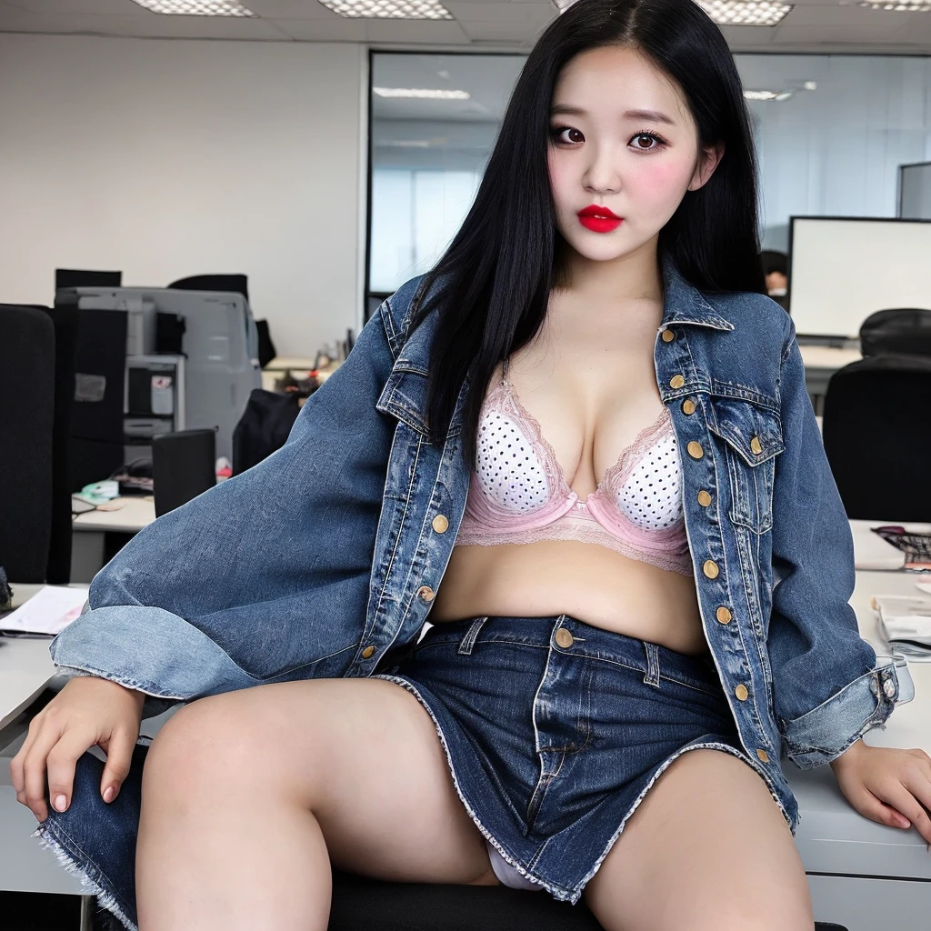 small thai girl, Fair-skinned, 30 years old, One eye., Big nose, plump red lips, Long straight black hair, Wearing pink lingerie., Covered up with a faded jean jacket., Wearing a short black skirt with white polka dots, legs open, showing underwear., sitting in the office, Portrait of a real person,