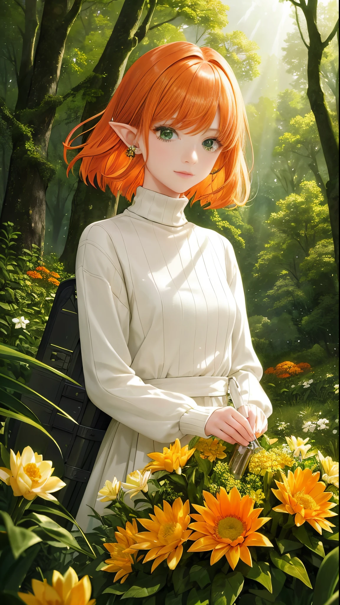 Masterpiece, best quality, 1girl, solo, orange hair, green eyes, close-up, pointy ears, green turtleneck sweater, in a forest, trees, flowers, holding a white bottle of isopropanol, detailed background, depth of field, rimlighting, specular highlights, bloom, atmospheric lighting, (colorful, vivid, sunlight, warm lighting:1.2)